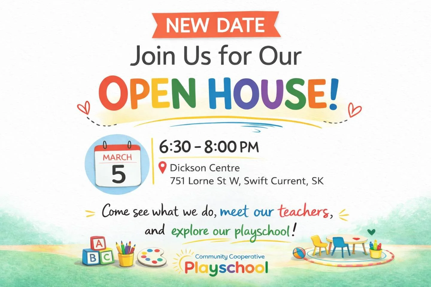 📢NEW DATE-  Open House- Thursday, March 5, 2026
We&rsquo;ve had to postpone our Open House that was set for February 24,  but we&rsquo;re excited to welcome you on our new date!

📅 March 5

 ⏰6:30&ndash;8:00 PM

 📍Dickson Centre
751 Lorne St W, Sw