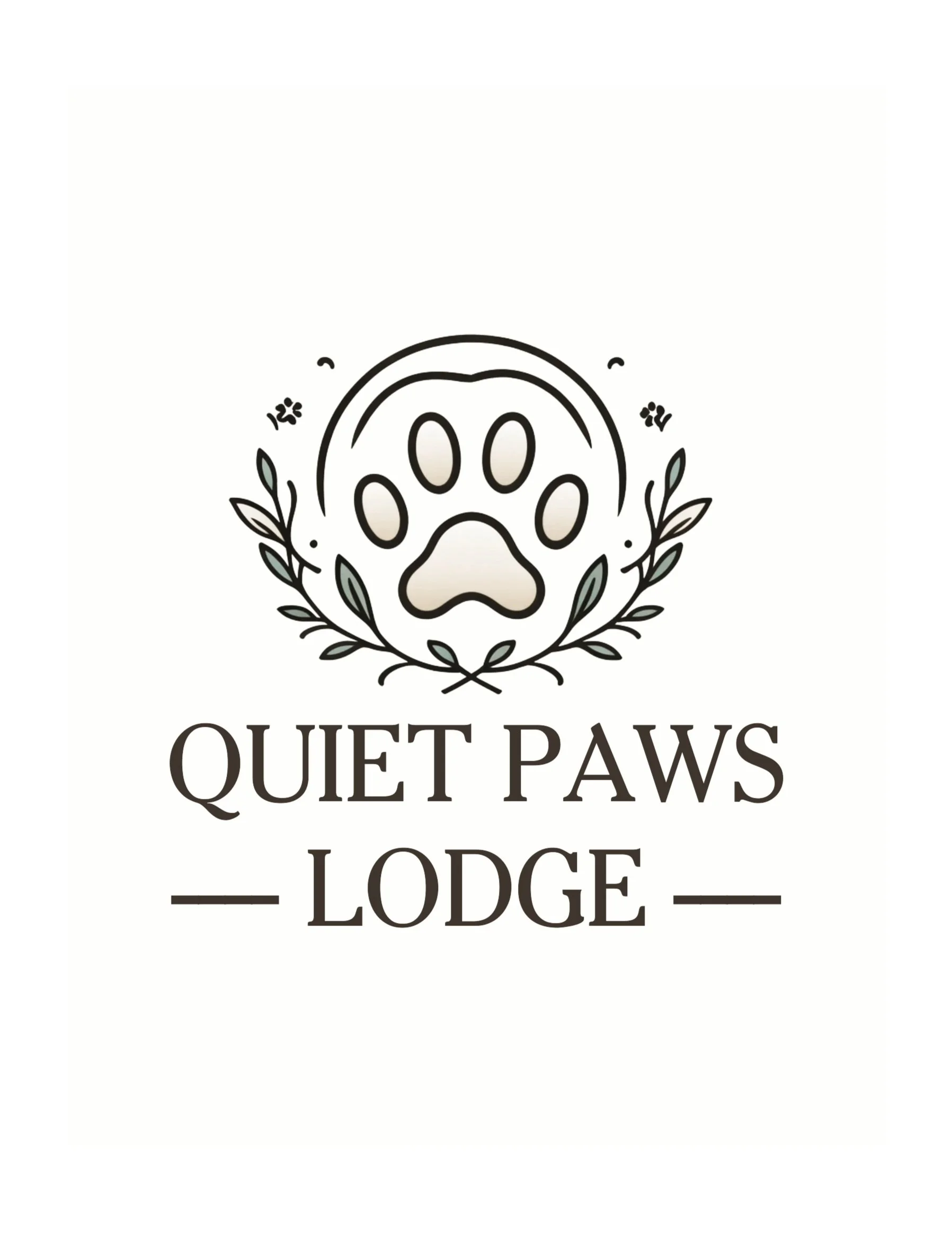 Logo for Quiet Paws Lodge featuring a stylized paw print surrounded by leaves and the lodge name in bold text.
