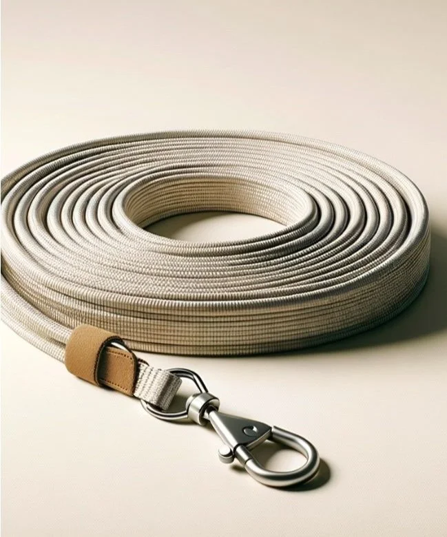 A coiled beige fabric belt with a metal clasp, lying on a plain surface.