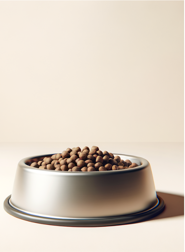 Dog food in a stainless steel bowl on a plain background.