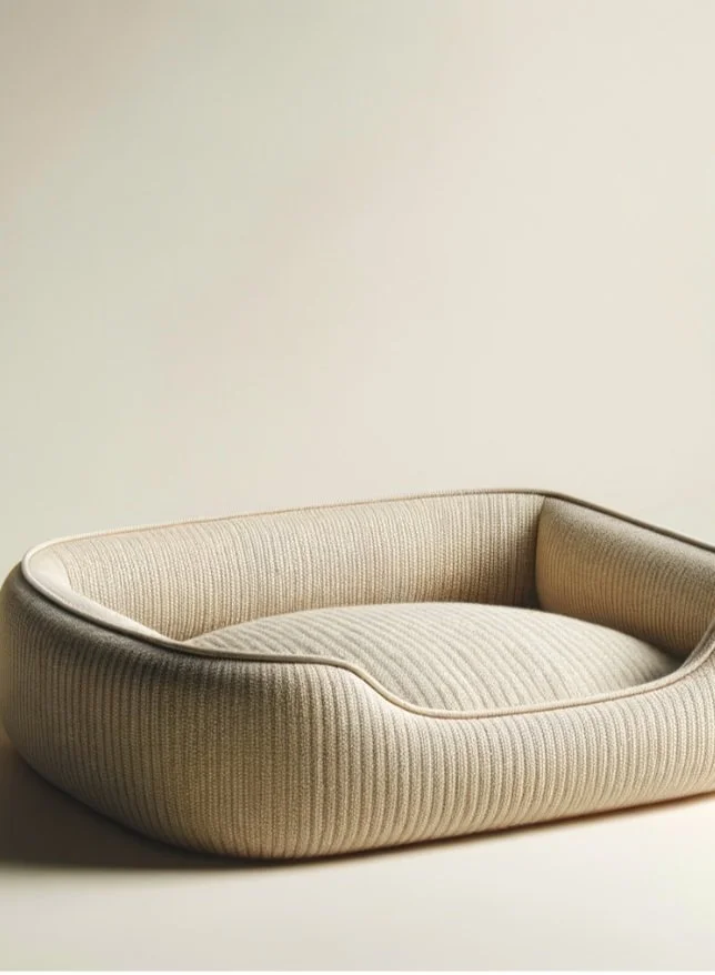 A beige, striped pet bed with rounded edges placed against a plain, light-colored wall.