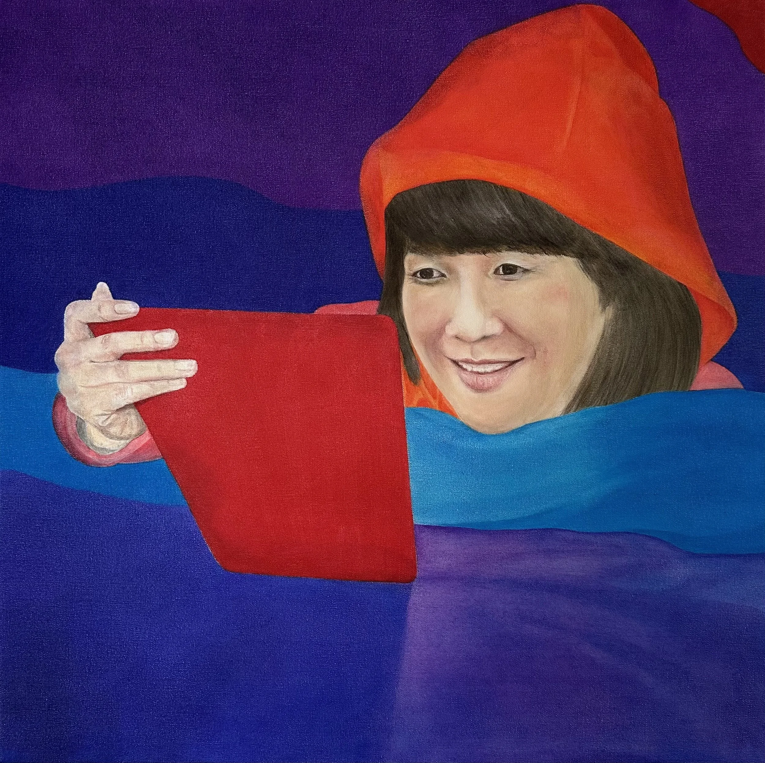 AYA VIDEO CALLS HER HUSBAND, DAVID, IN NYC  acrylic on canvas 30" x 30" (in progress)