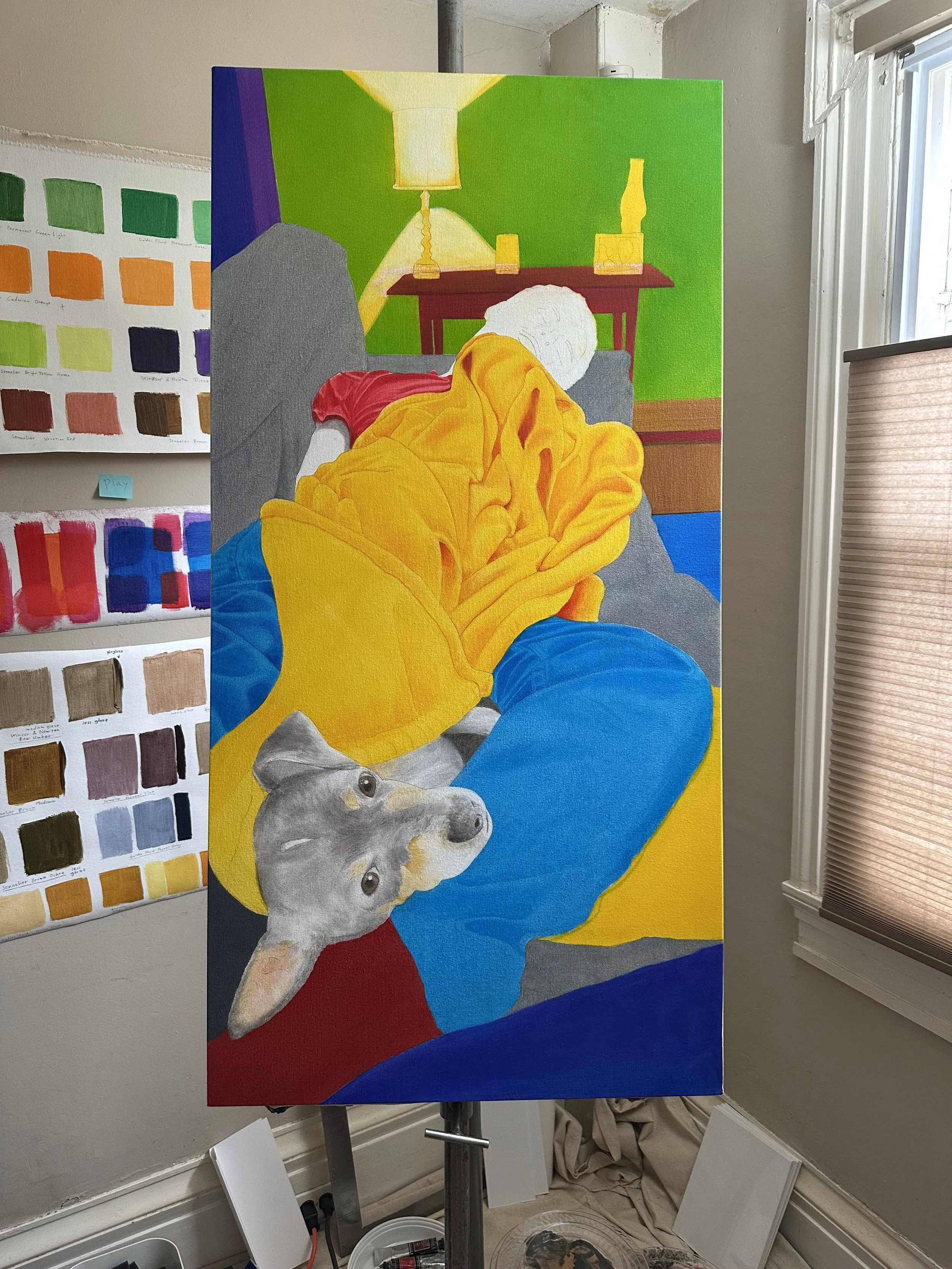 WORK IN PROGRESS (AODHAN AND HIS DOG) acrylic on canvas 48" x 24"