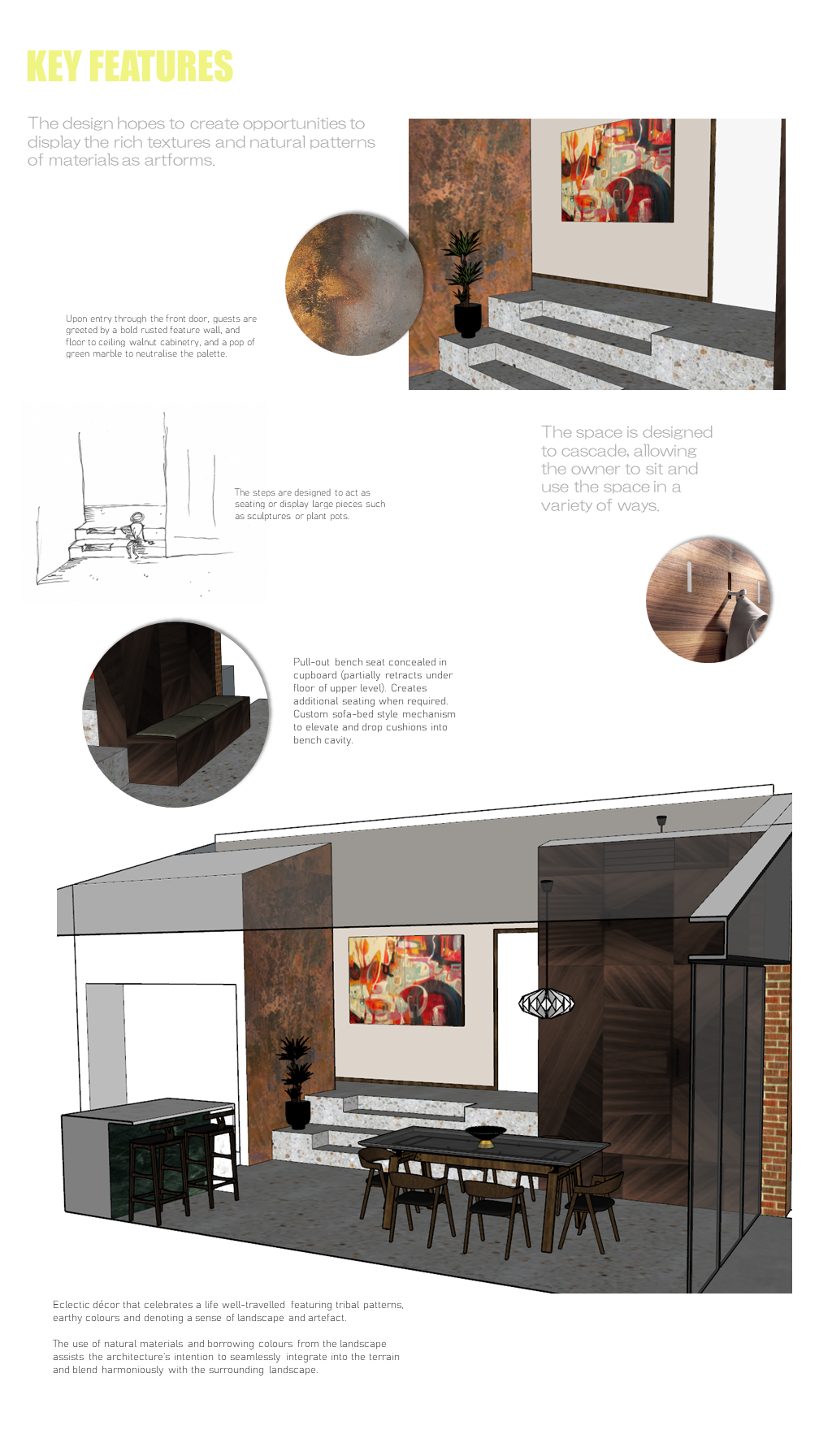 Contemporary Modernist Renovation Concept 3D Render Cross Section Retractable Bench Rusted Bronze Wall