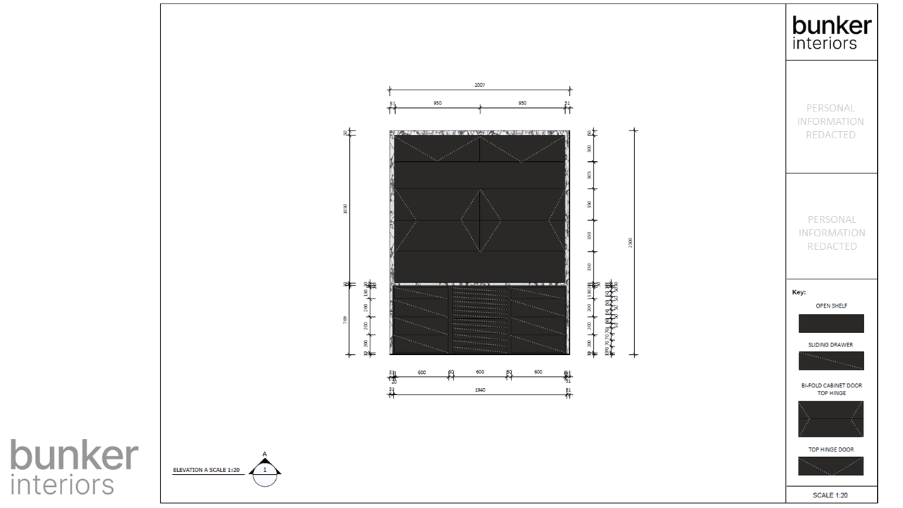 Industrial Modernist Office Custom Cabinetry Storage 2D Elevation with Measurements
