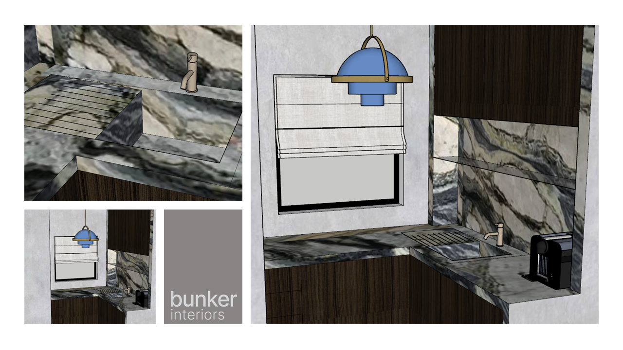 Industrial Modernist Office 3D Render Kitchen Marble Benchtop Splashback Walnut Cabinetry