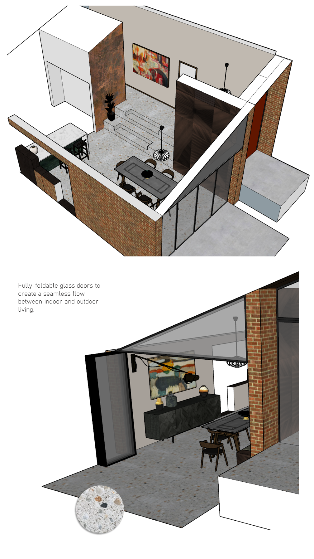 Contemporary Modernist Renovation Concept 3D Render Aerial View Open Exterior Doors