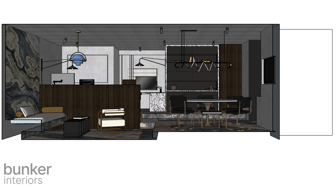 Industrial Modernist Office 3D Render Front View Cross Section