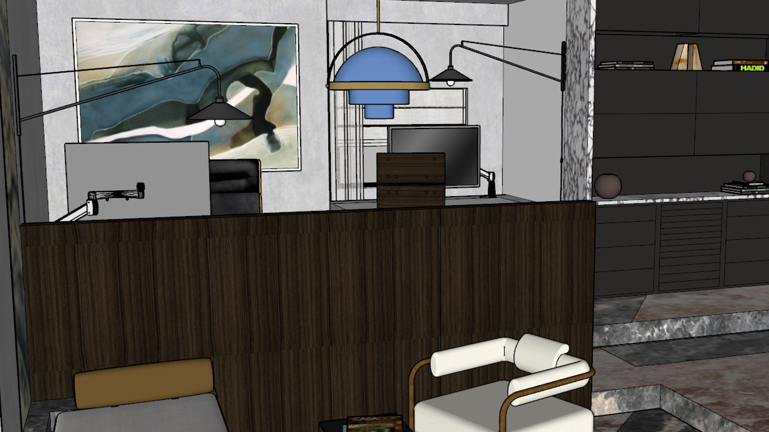 Industrial Modernist Office 3D Render Waiting Room Walnut Dividing Wall Blue Pendant Light