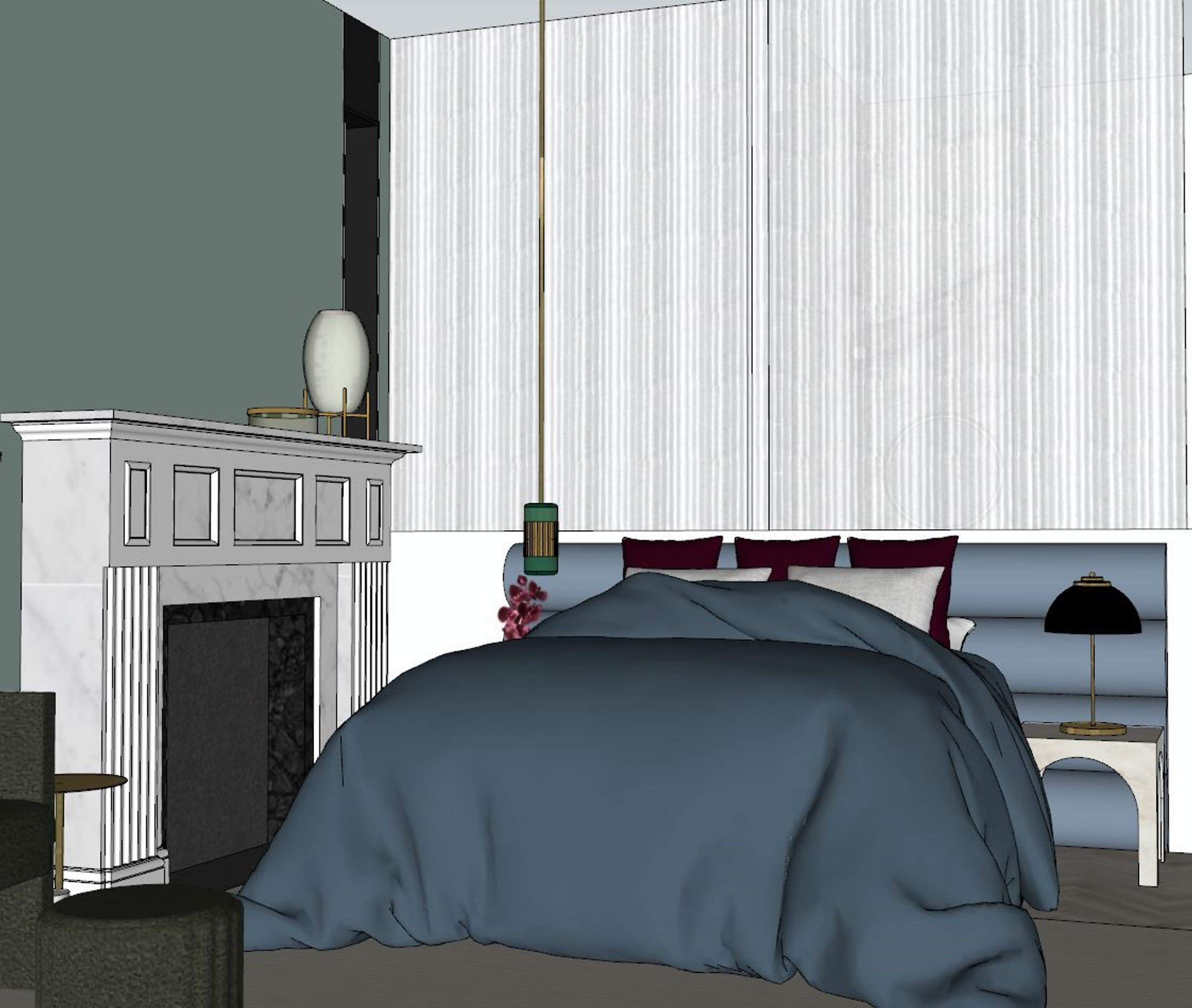 3D Render Master Bedroom Marble Fireplace Blue Quilt Fluted Glass