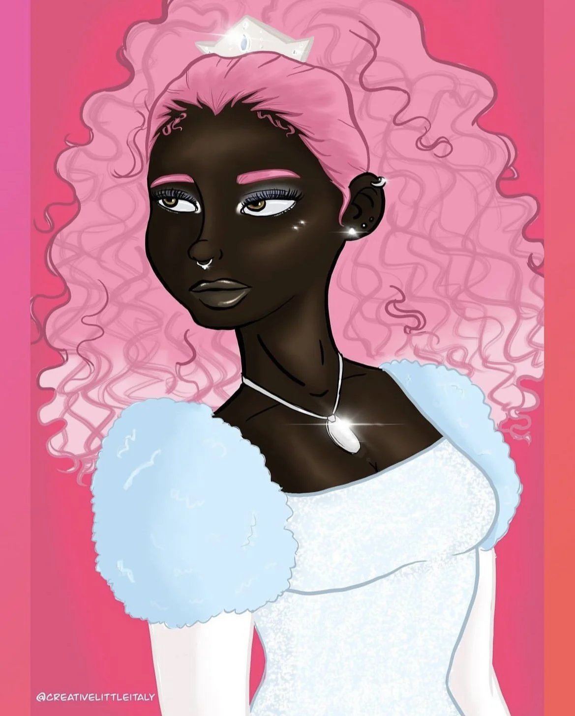 Digital illustration of a woman with dark skin and pink curly hair wearing an elegant white dress with light blue fluffy sleeves, a silver necklace with a pendant, and a small crown on her head, set against a pink background.