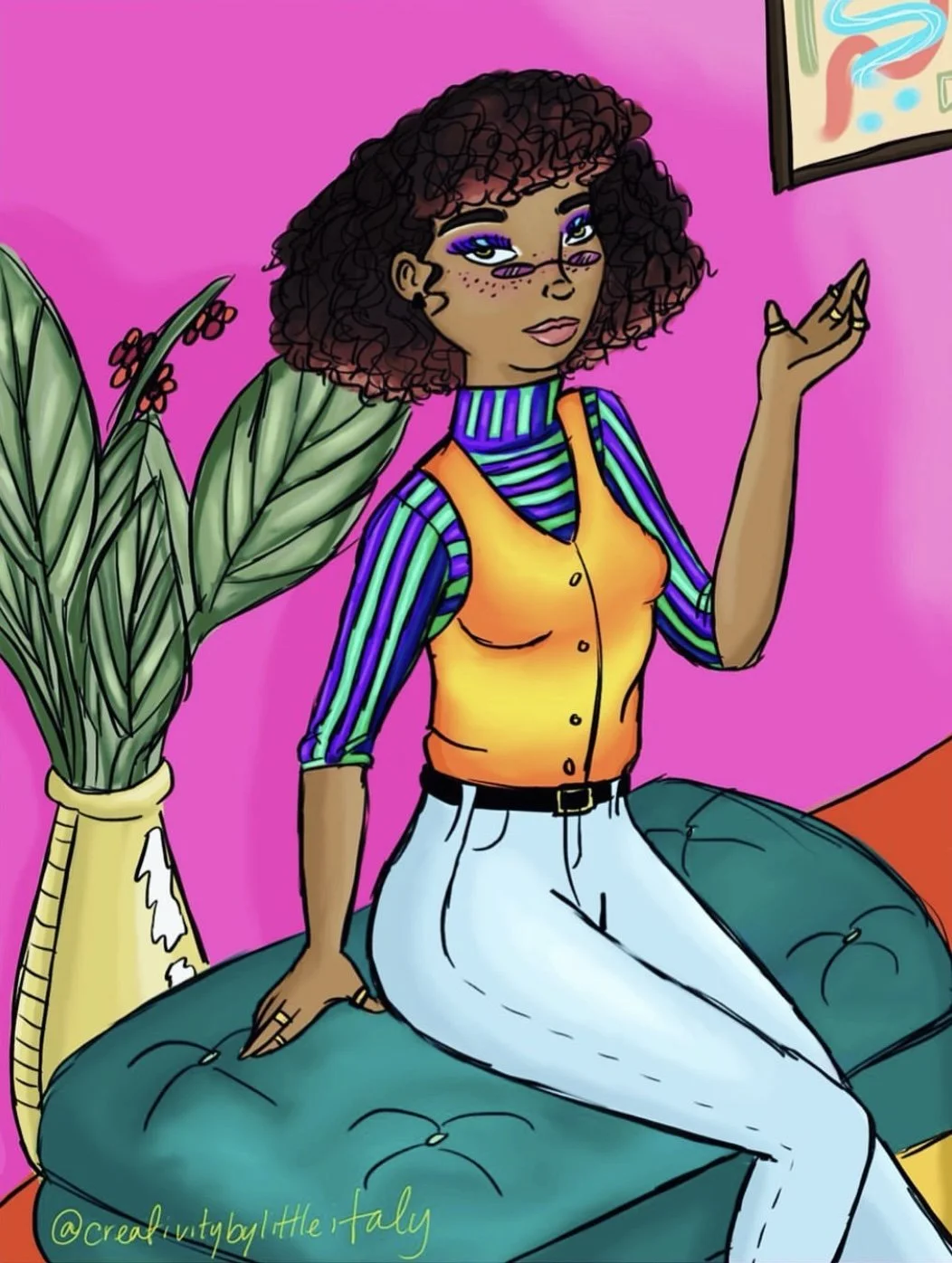 An illustrated woman with curly hair wearing a striped long-sleeve shirt, yellow vest, and white pants sitting on a teal tufted ottoman in a colorful room with pink walls, a potted plant, and a framed abstract art piece.