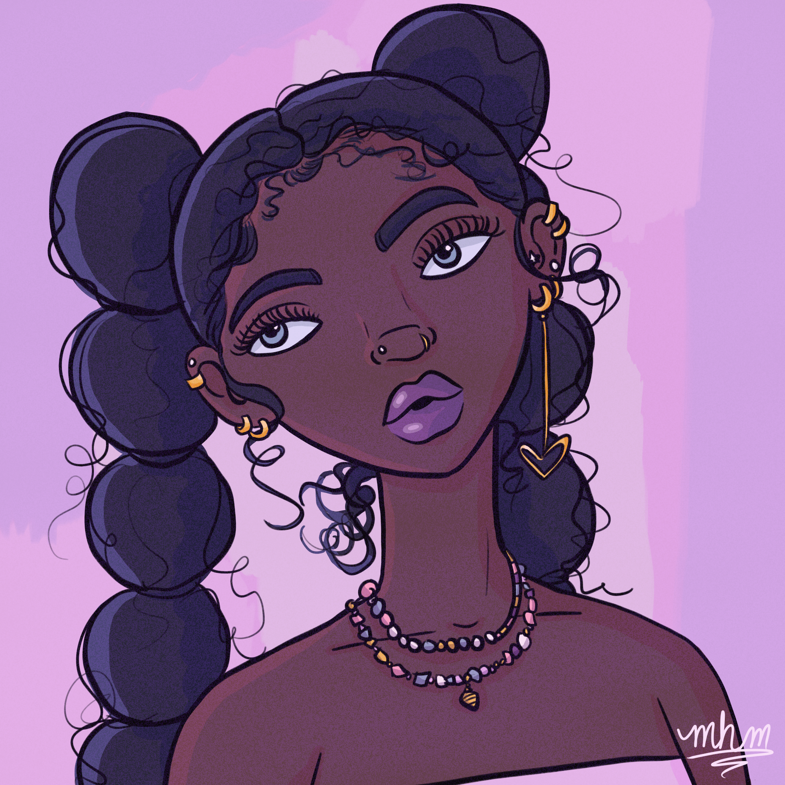 Digital illustration of a young woman with dark skin and curly hair styled in puffy buns. She has multiple gold earrings and wears layered necklaces with colorful beads and a pendant. Her makeup includes purple lipstick and defined eyebrows. The back