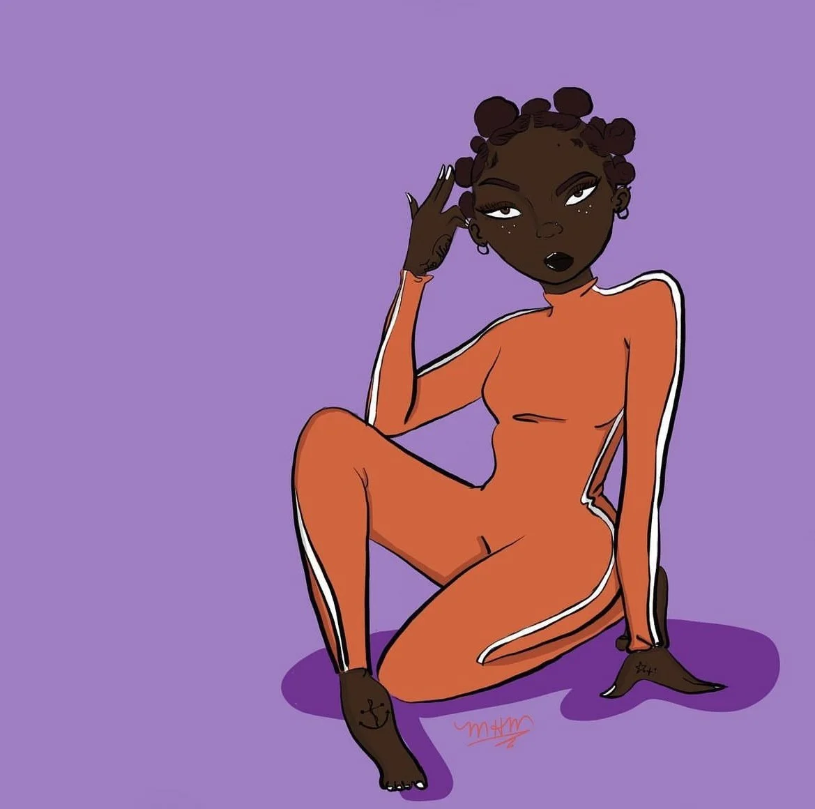 Digital illustration of a Black woman sitting with one knee up, wearing an orange athletic tracksuit with white stripes, against a purple background. She has styled hair in bantu knots, dark lipstick, and expressive eyes.