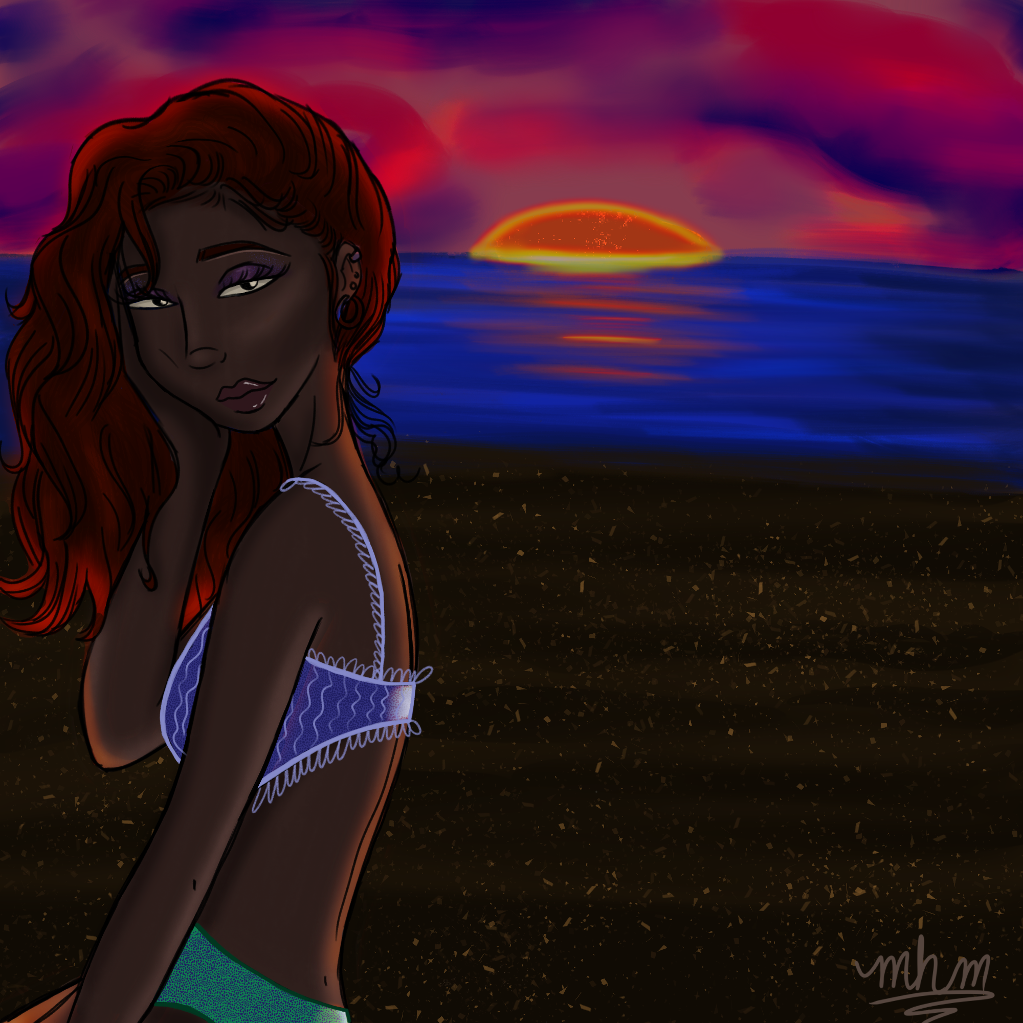 Digital illustration of a woman with dark skin and long red hair at sunset on the beach, wearing a white top and green bottoms, with the sun setting over the ocean in the background.