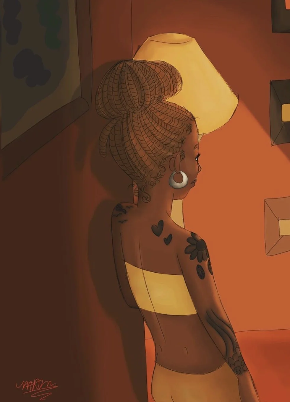 Digital illustration of a woman with dreadlocks, tattoos, large earrings, and wearing a yellow strapless top, sitting against a wall by a warm lamp light.