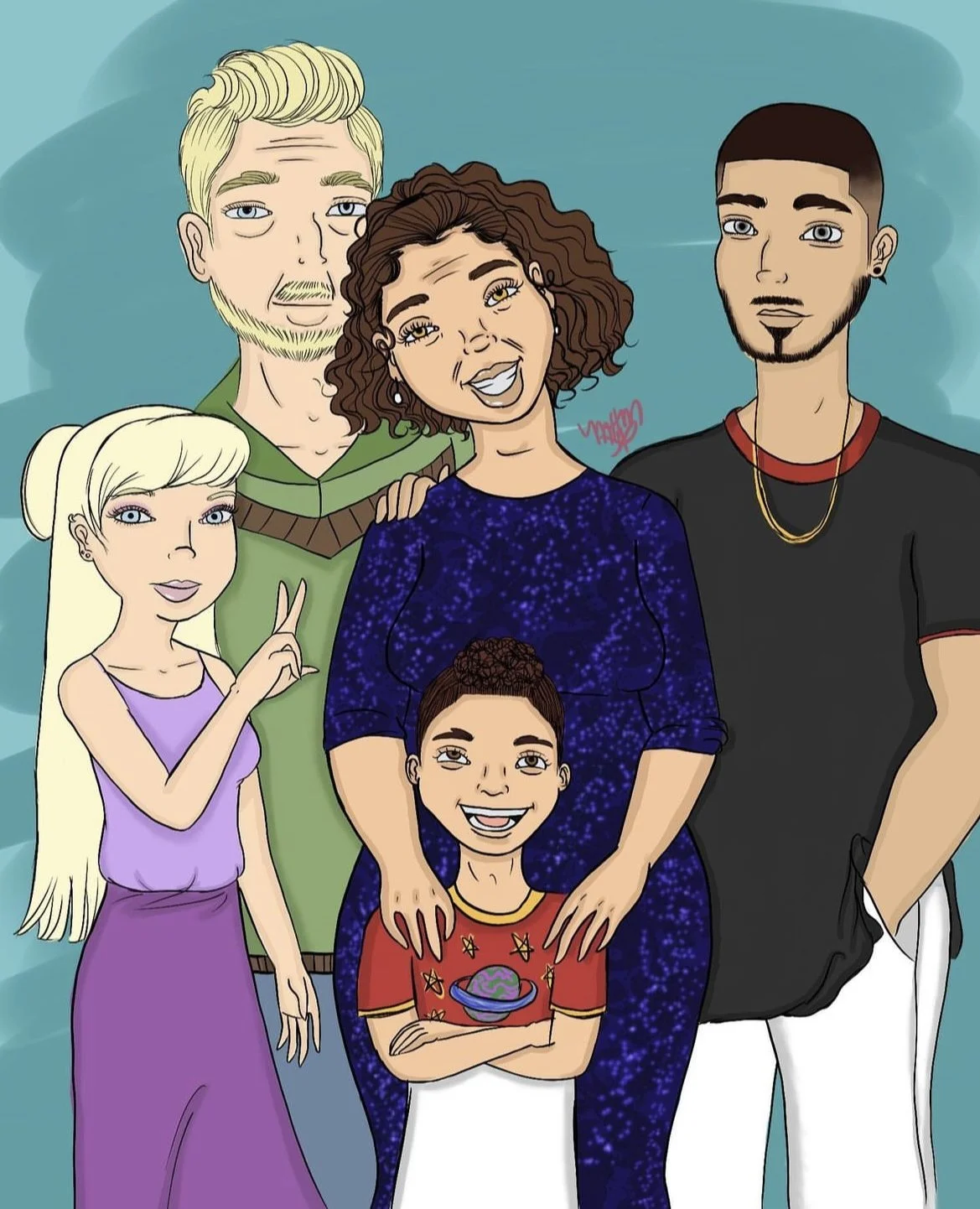 A colorful cartoon family portrait of six members, including a blonde woman with her hair in a bun making a peace sign, a woman with curly brown hair wearing a starry blue dress with her hand on a smiling young girl, a young girl with dark hair in a