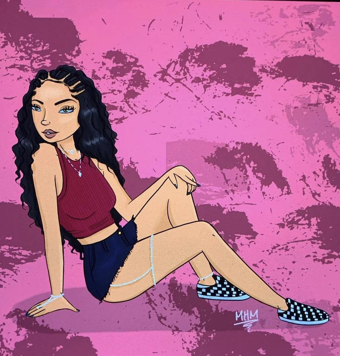 Digital illustration of a young woman with long, curly black hair, blue eyes, wearing a red sleeveless top, denim shorts, and checkered slip-on shoes, sitting against a pink, textured background.