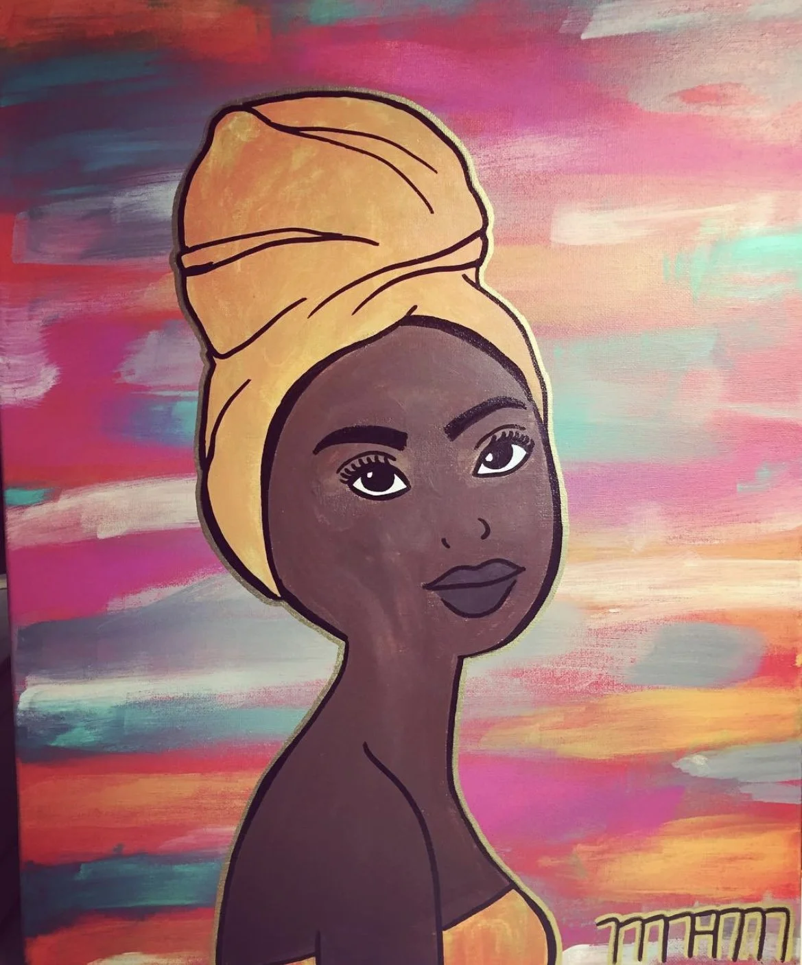 A colorful abstract painting of a woman with dark skin, large expressive eyes, full lips, wearing a yellow headwrap against a multicolored background.
