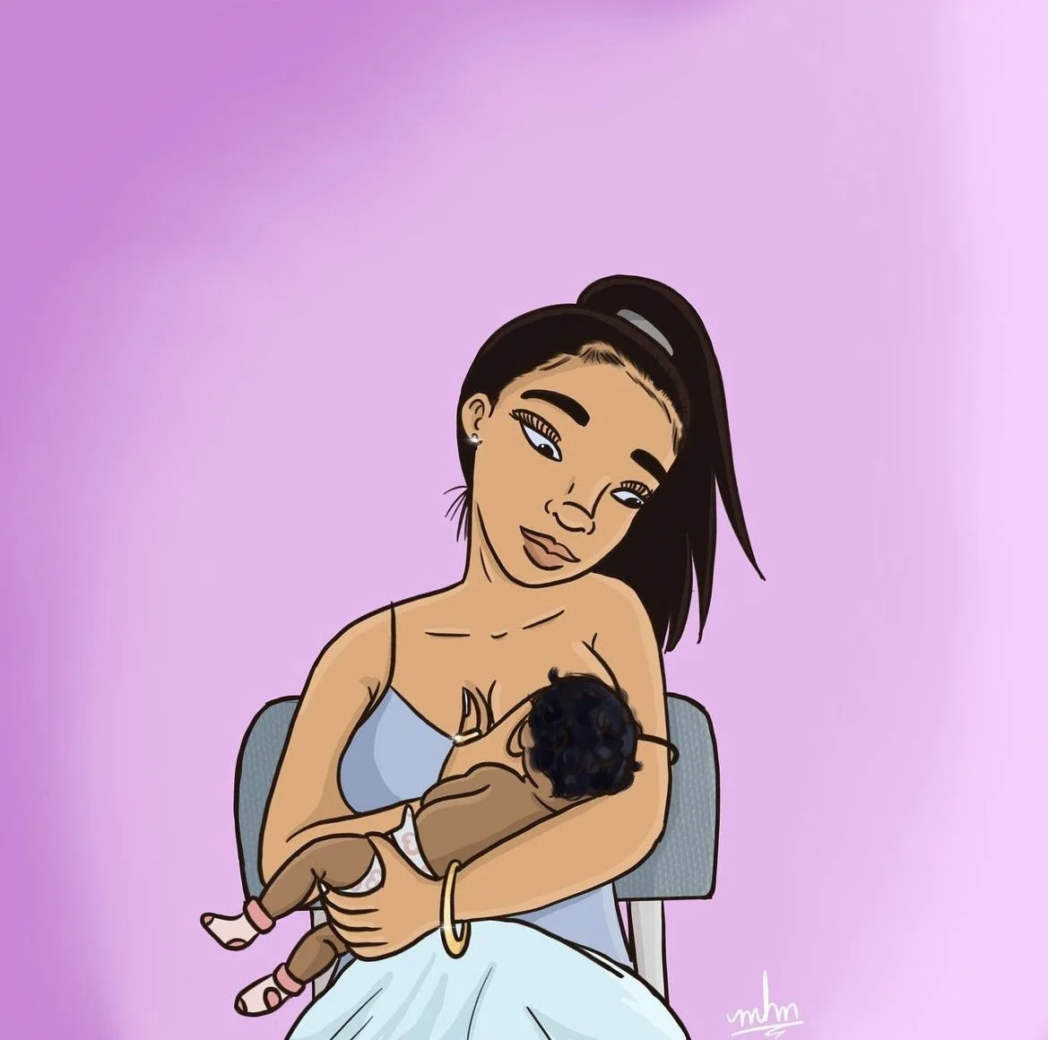 Digital illustration of a woman with long dark hair, wearing a strapless top, holding a newborn baby in her arms, against a pinkish-purple background.
