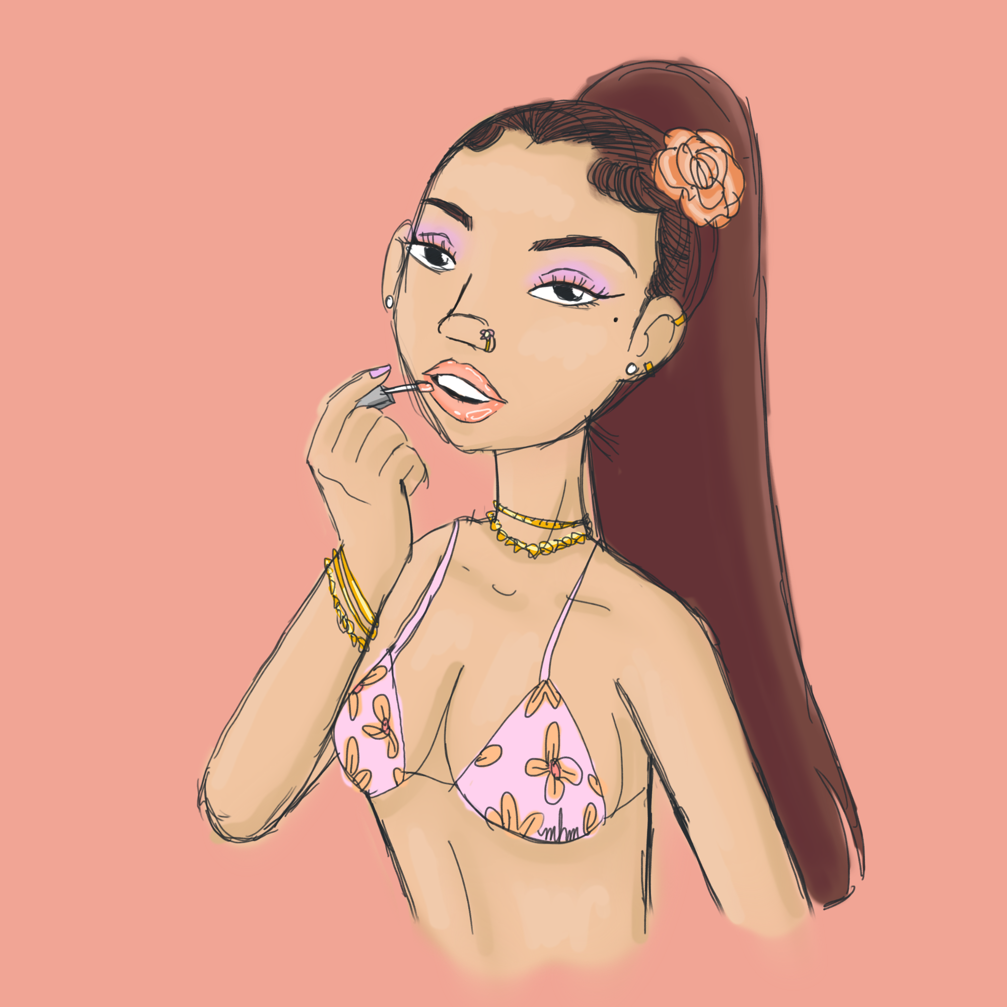 Drawn woman with long brown hair, flower hair accessory, light purple eyeshadow, wearing multiple gold jewelry, in pink floral bikini, holding a lollipop, against pink background.