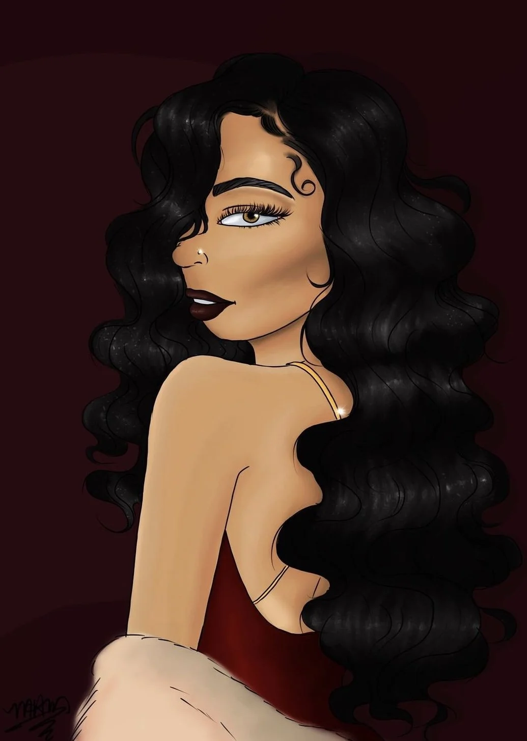Digital illustration of a woman with long, curly black hair, wearing dark makeup, a nose piercing, and a red strap dress, against a dark maroon background.