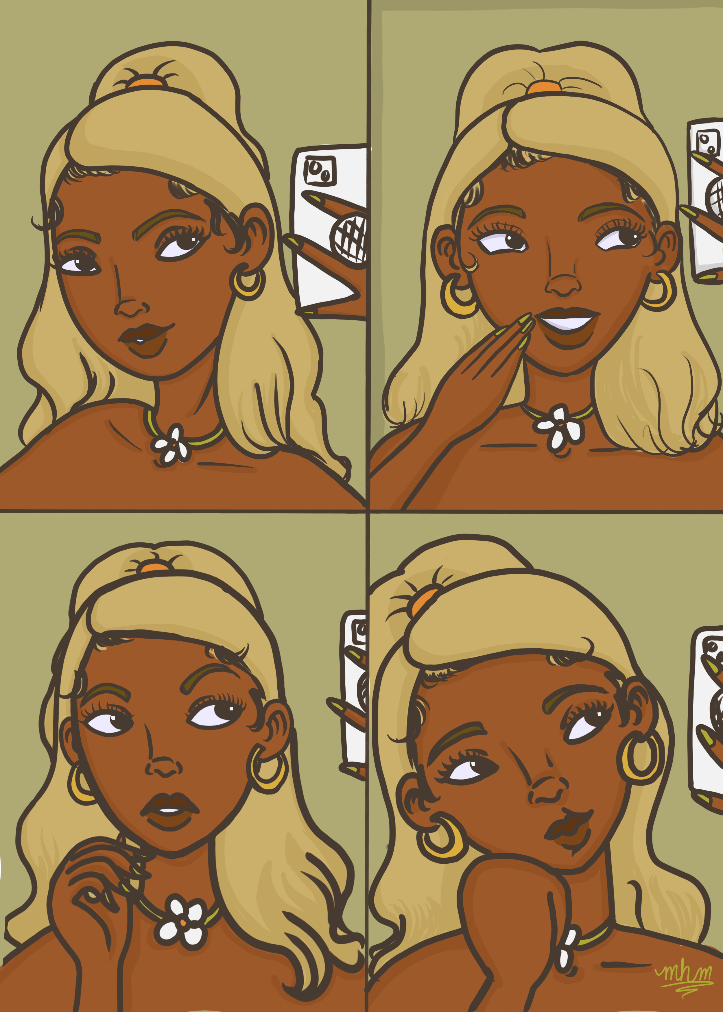 A woman with long blonde hair in various facial expressions and poses, wearing a flower necklace and earrings, in a cartoon style. The background is green with art supplies on the wall.