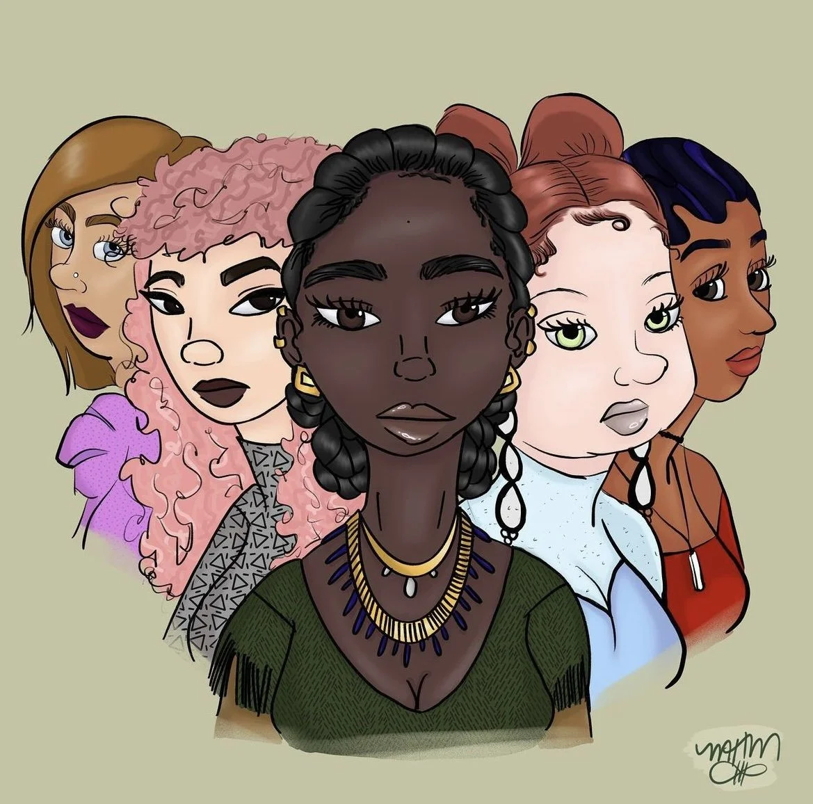 Digital illustration of five diverse women with different hairstyles and clothing, standing in a line against a beige background.