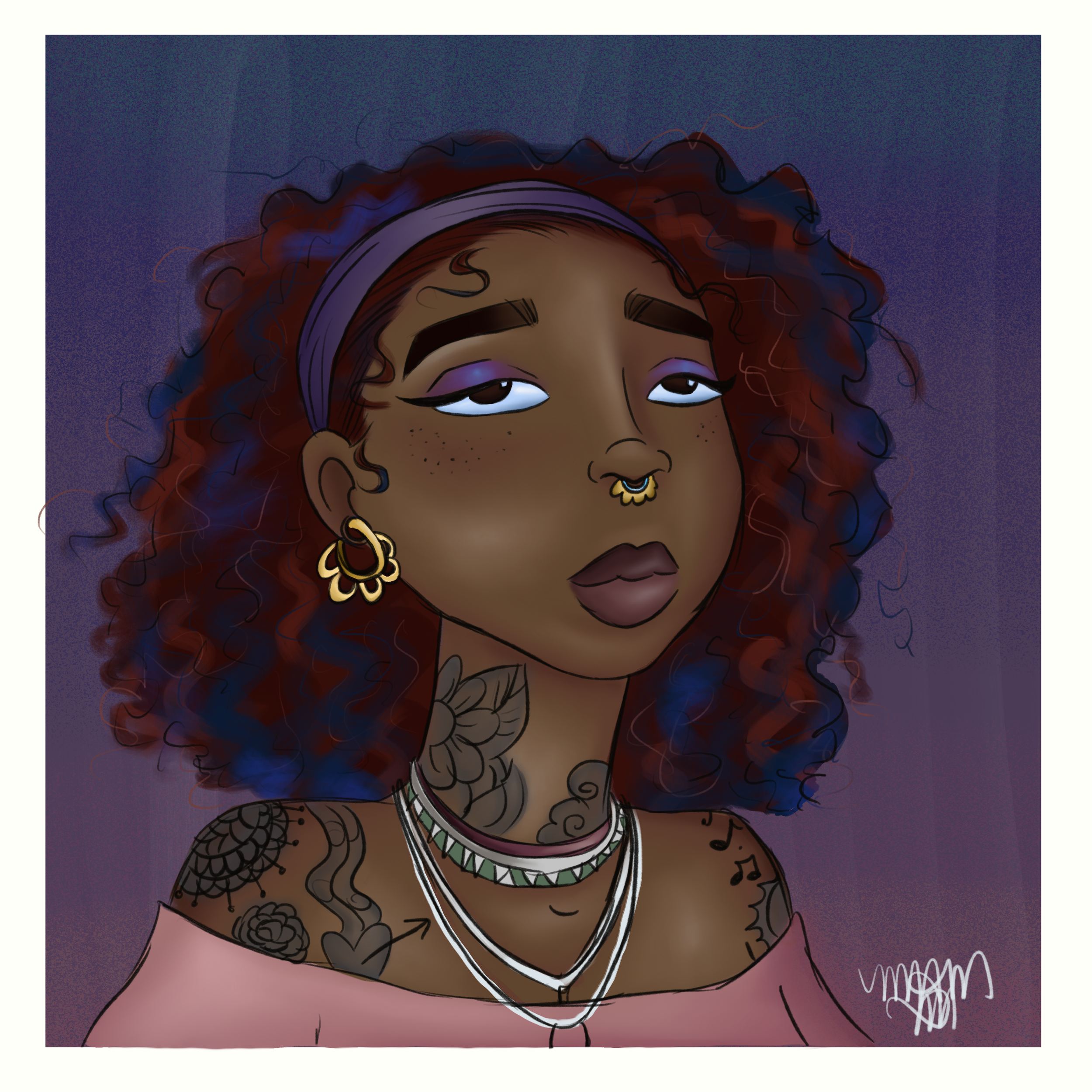 Digital illustration of a young woman with curly multicolored hair, wearing a headband, multiple necklaces, and gold hoop earrings. She has tattoos on her neck and shoulders, and makeup with purple eyeshadow and dark lipstick.