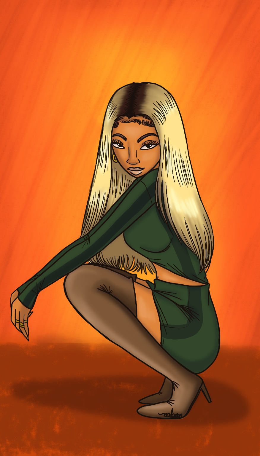 A digital illustration of a woman with long blonde hair, wearing a dark green jacket and skirt, posing in a squatting position against an orange background.