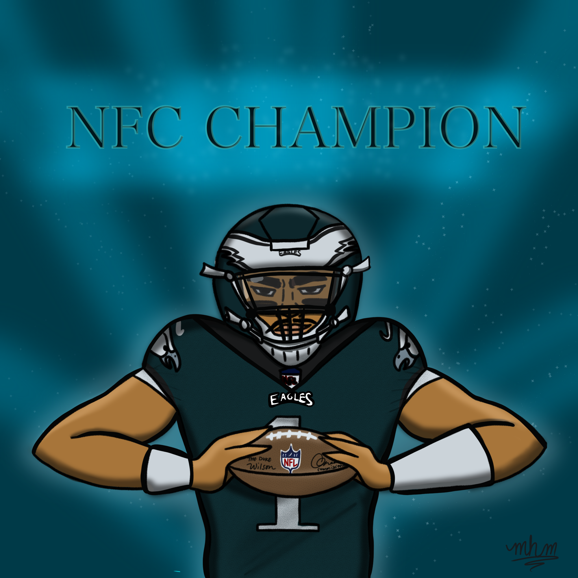 Digital illustration of a football player in an Eagles jersey and helmet holding a football, with text 'NFC CHAMPION' above him.