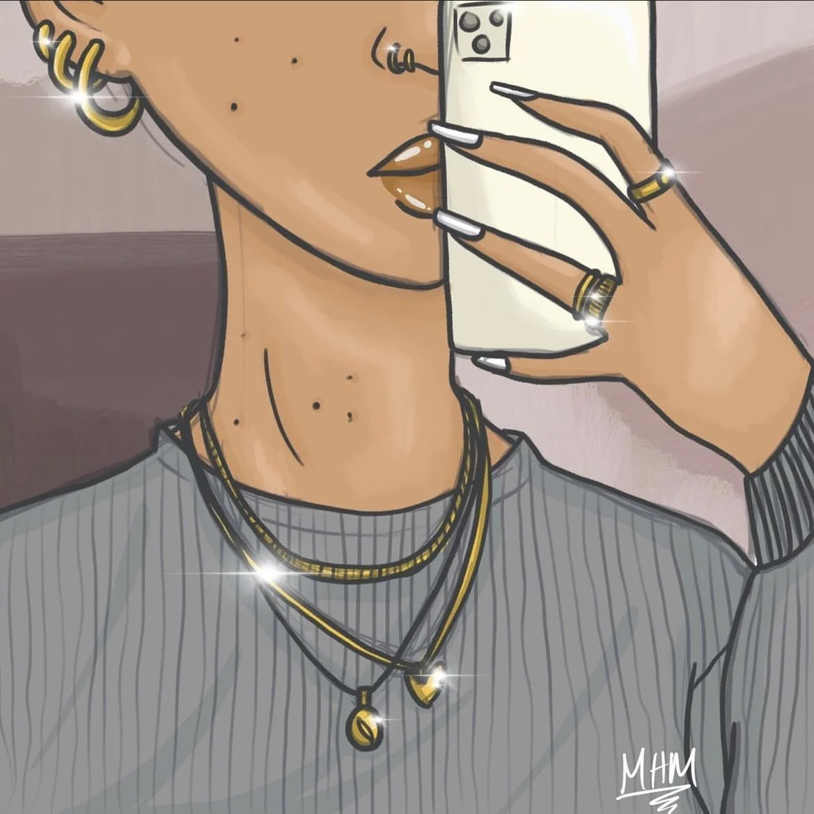 A digital illustration of a woman taking a selfie with a smartphone, showing her face partially obscured. She has gold jewelry, including rings, necklaces, and earrings. The woman is wearing a gray striped top and has a neutral skin tone and dark hai