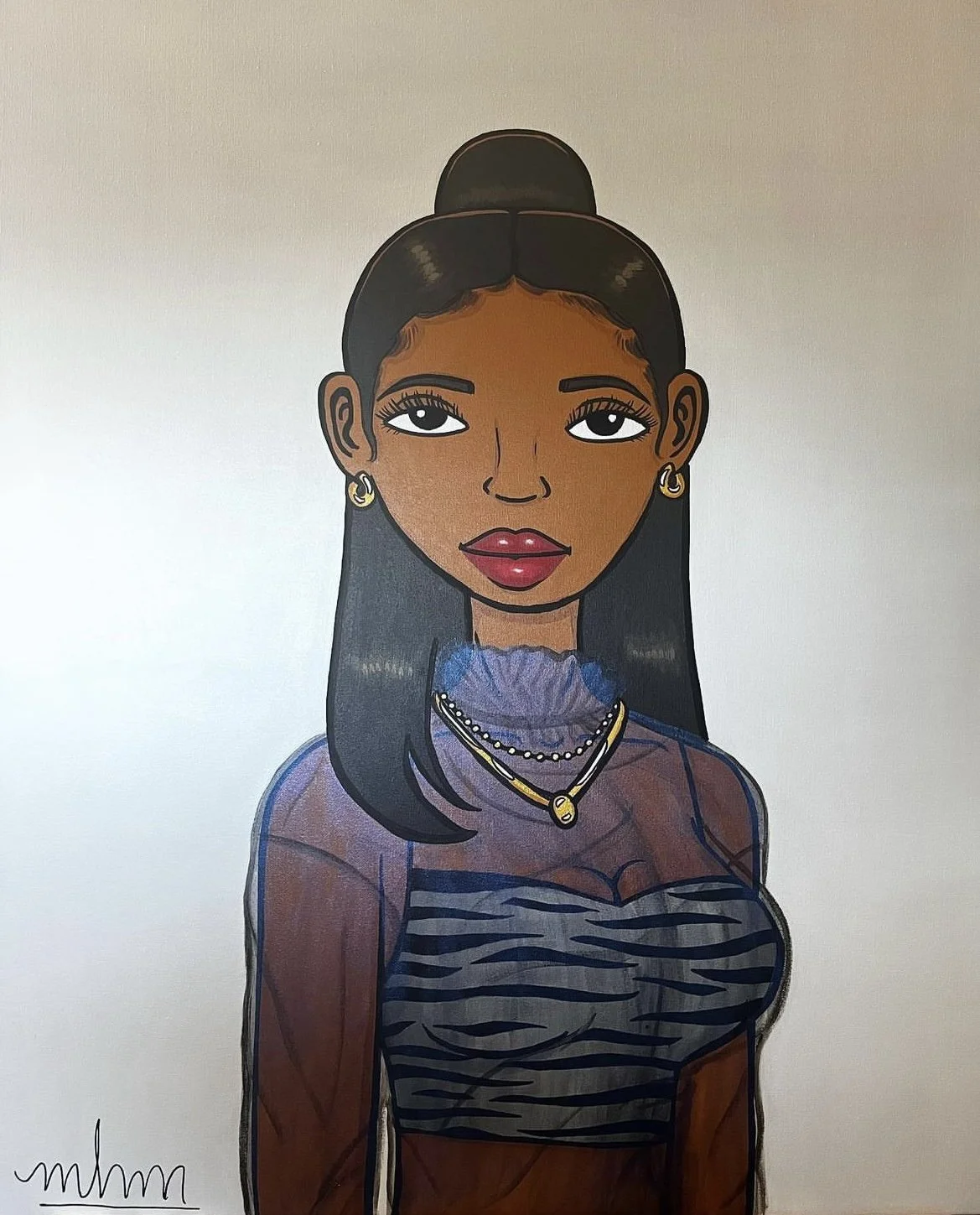 Illustration of a woman with dark hair styled in a high bun, wearing a striped top, layered necklaces, earrings, and makeup.