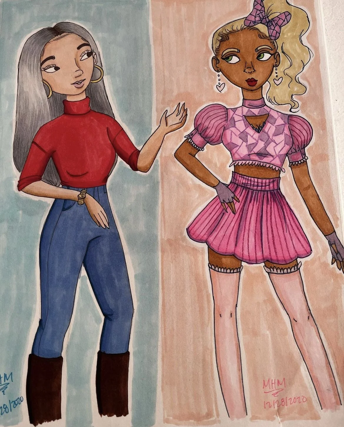 Colorful illustration of two stylish women standing side by side. The woman on the left has long gray hair, wearing a red turtleneck, high-waisted blue jeans, and brown boots. The woman on the right has curly blonde hair with a pink bow, wearing a pi
