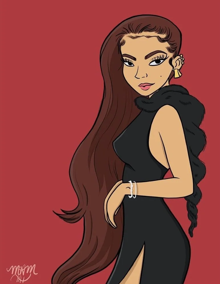 Cartoon drawing of a woman with long brown wavy hair, wearing a black sleeveless dress with a thigh slit, earrings, and a bracelet, standing against a red background.