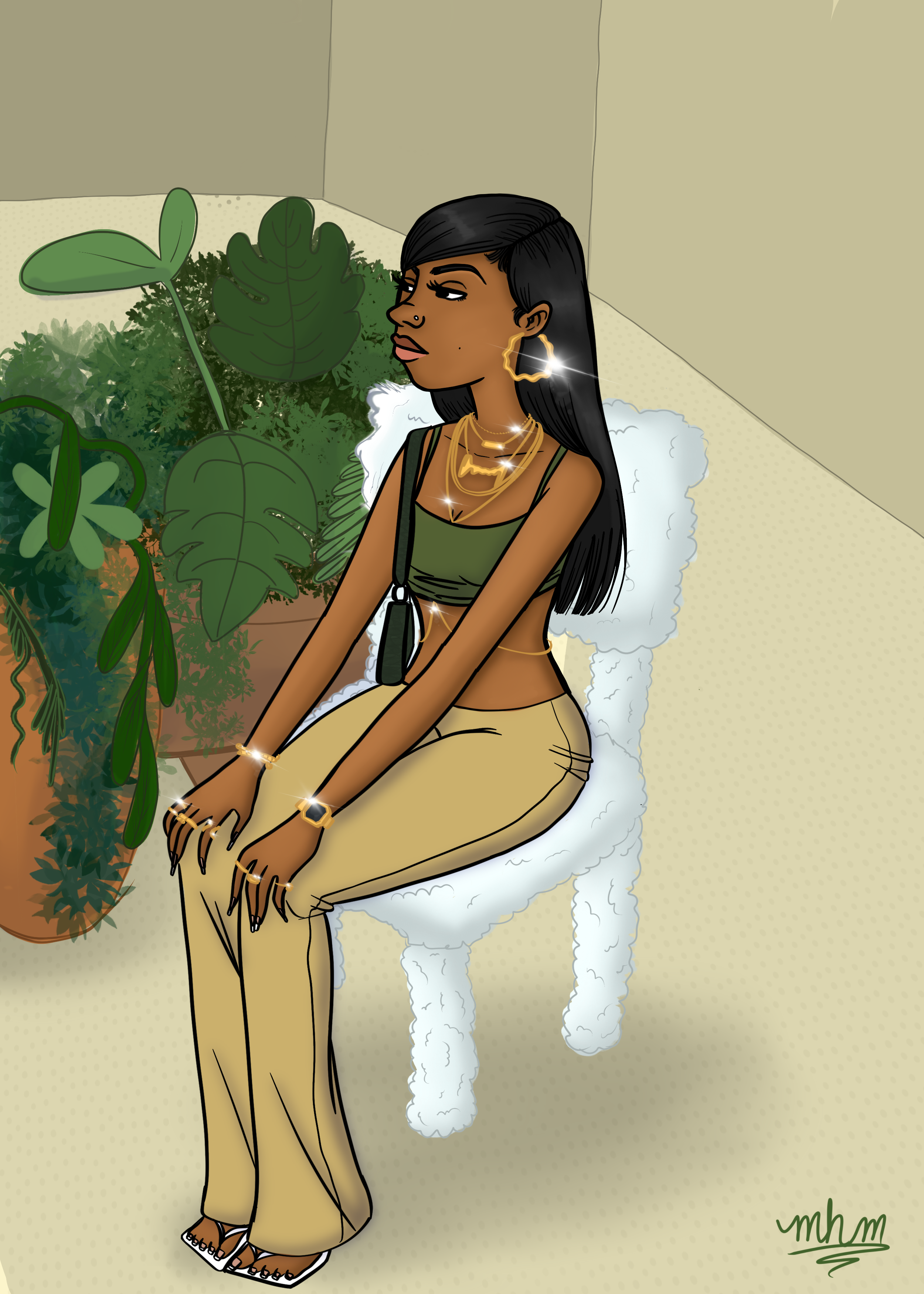 A digital illustration of a woman with dark hair, wearing gold jewelry, a green top, and beige pants, sitting on a fluffy white chair next to potted green plants in a room with beige walls and light-colored flooring.