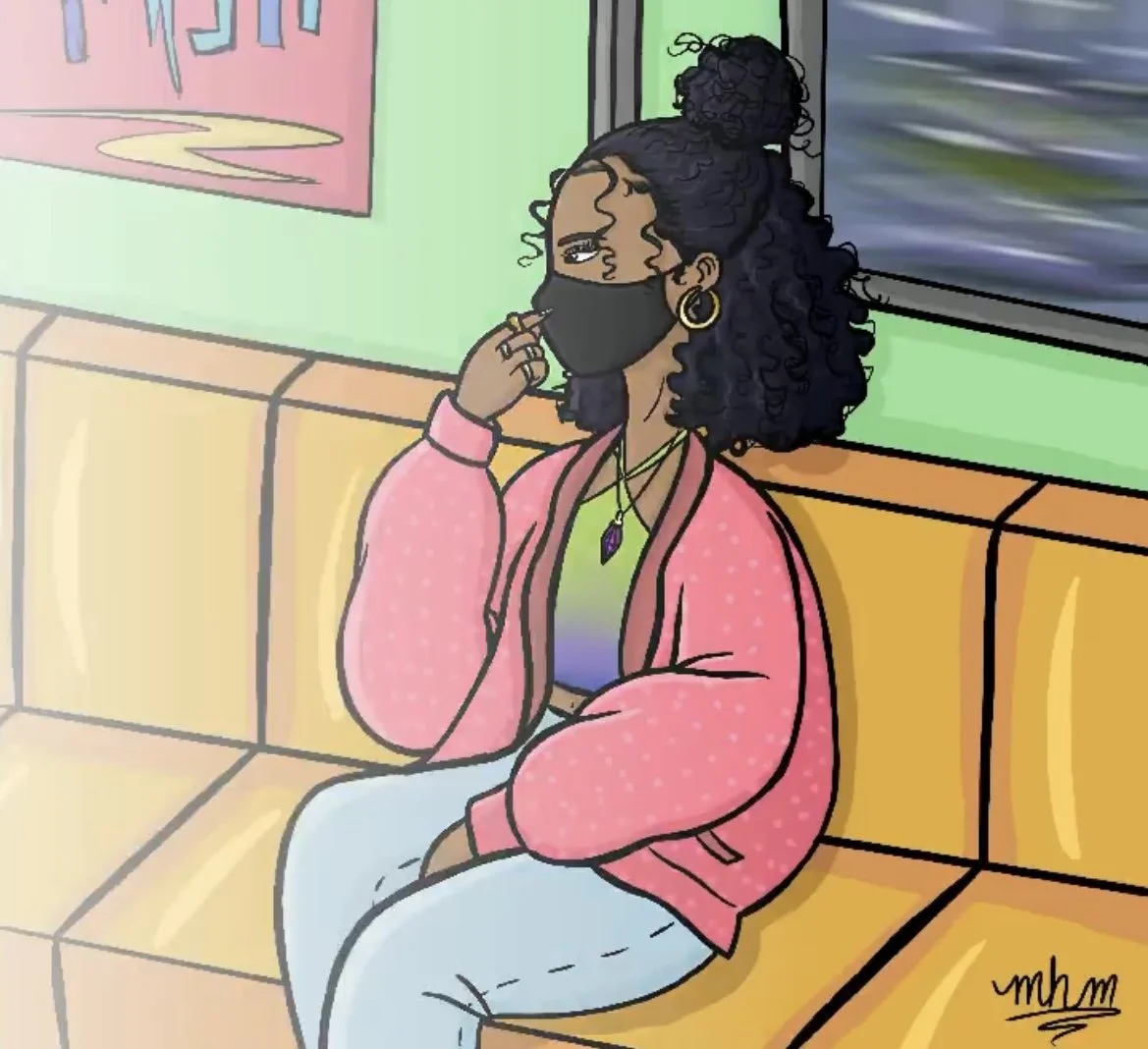 A woman with curly black hair, gold hoop earrings, and purple pendant necklace, wearing a pink jacket and grey pants, sitting on a yellow bench, holding a face mask near her face with her right hand, on a subway or bus with a window showing motion ou