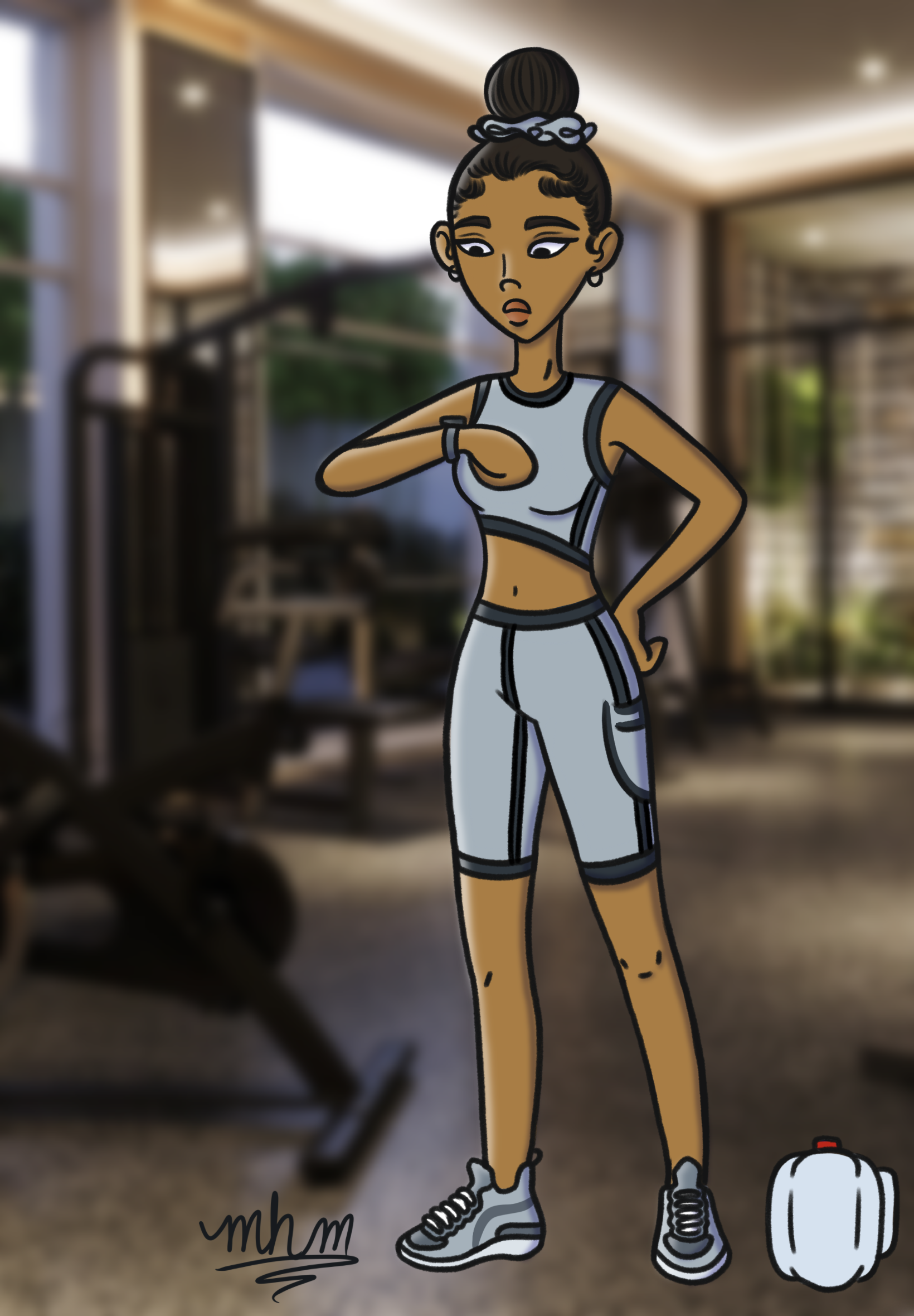 Cartoon woman in workout clothes looking at her watch inside a gym, with a white gym bag on the floor beside her.