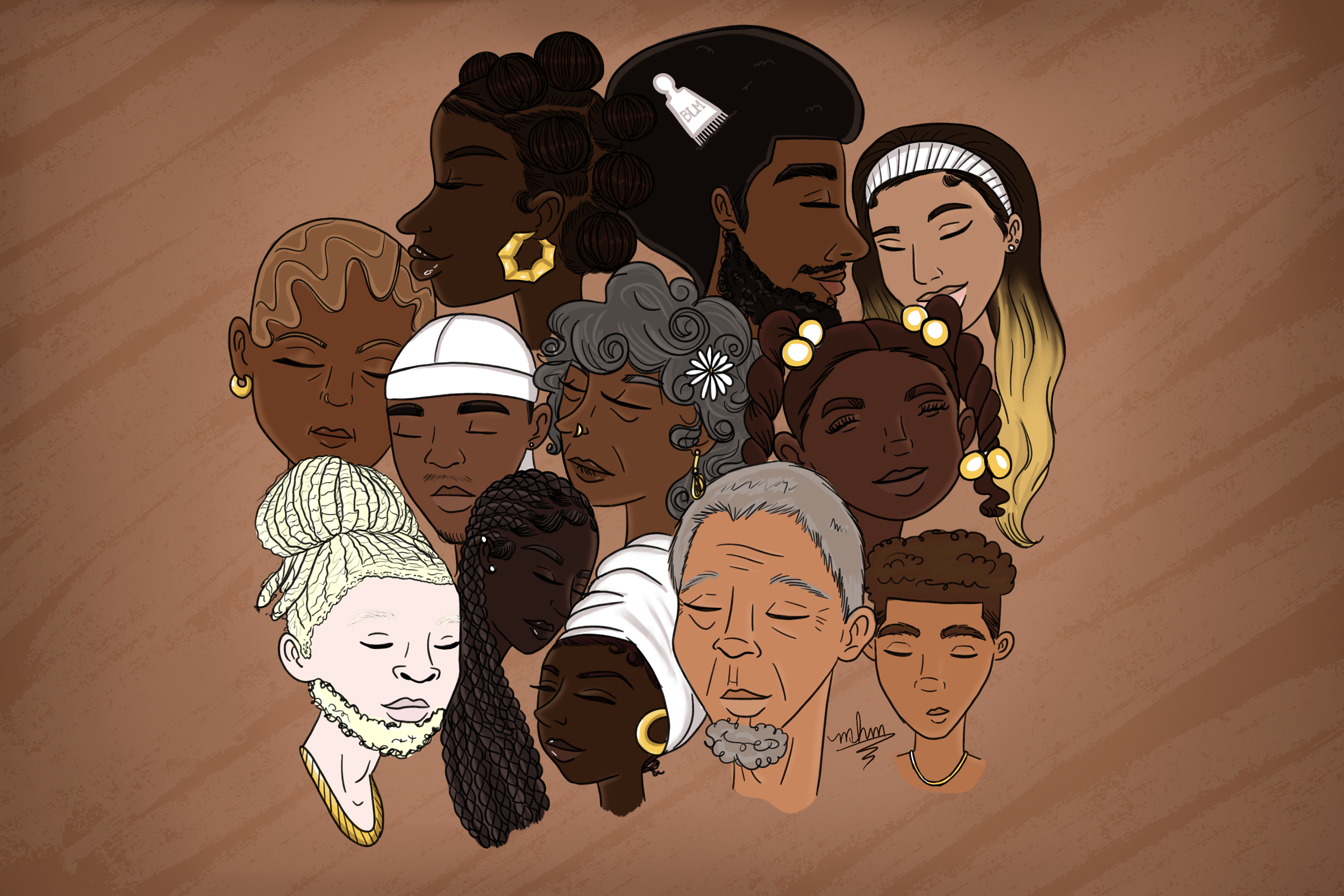 Illustration of diverse people with closed eyes in a group portrait. They have different hairstyles, skin tones, and accessories, expressing unity and diversity.