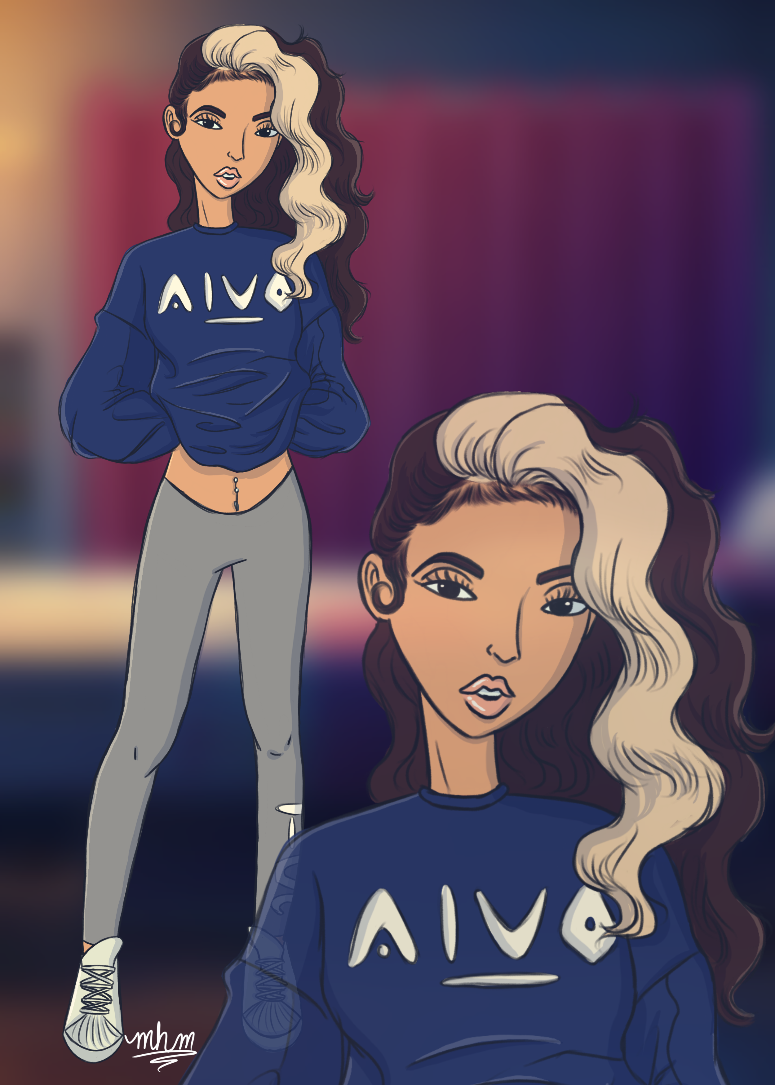 Digital illustration of a young woman with long, wavy, two-toned hair (dark base with platinum blonde highlights) wearing a blue 'A|V|O' sweatshirt and gray ripped jeans, with a background blending purple and pink tones.