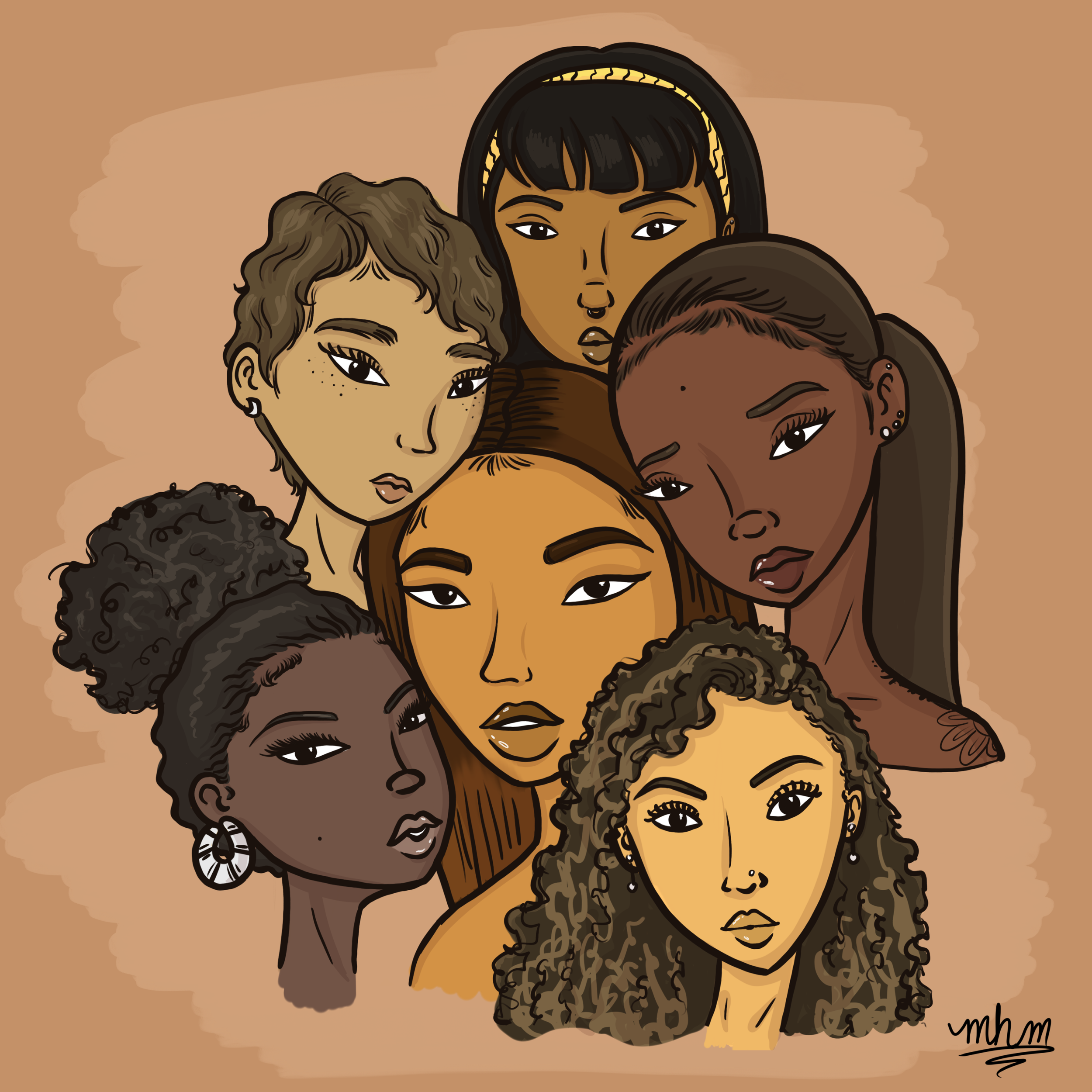 Digital illustration of seven diverse women with different skin tones and hairstyles, posing closely together against a brown background.