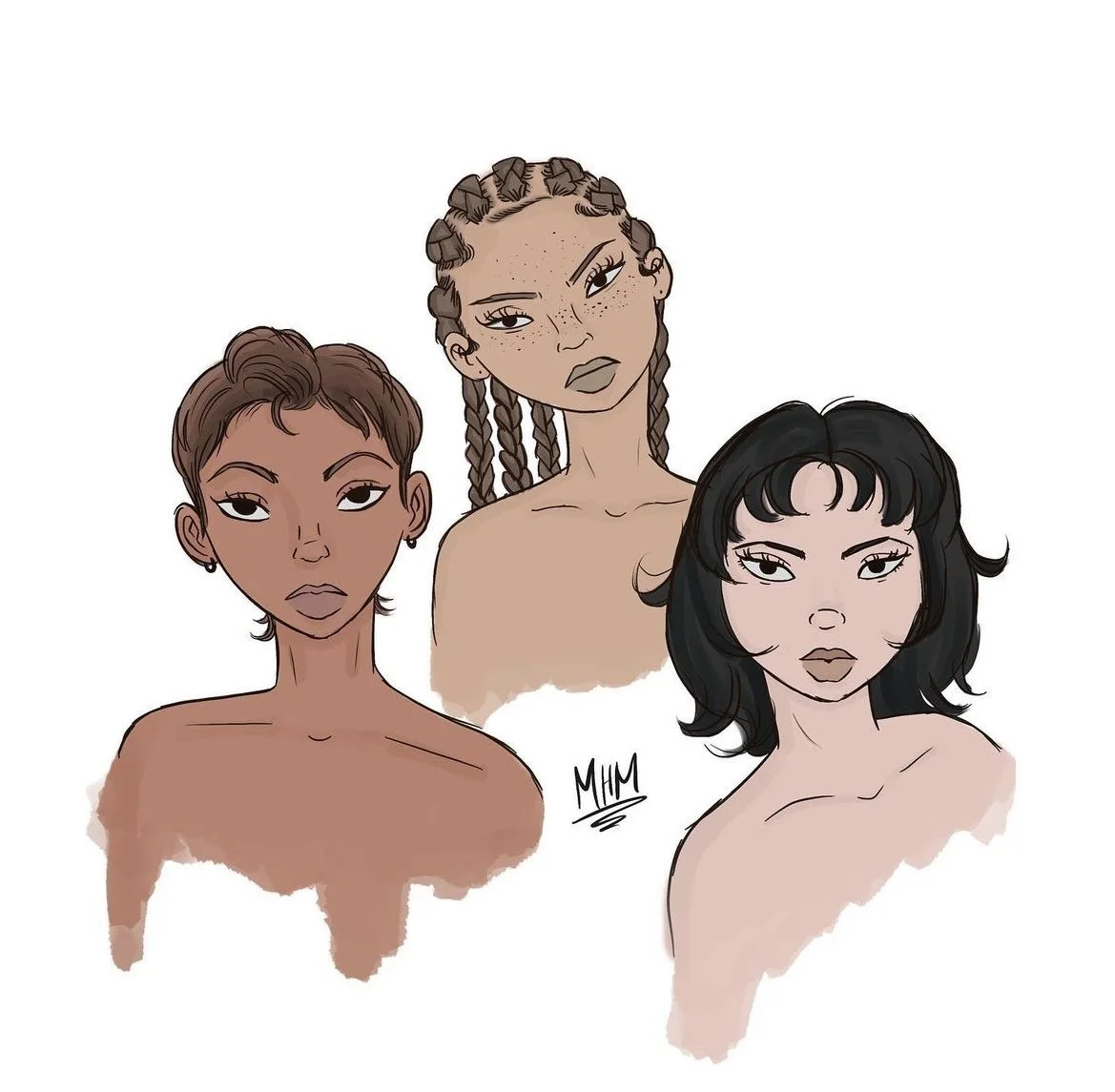 Digital illustration of three women with different skin tones and hairstyles, looking serious.
