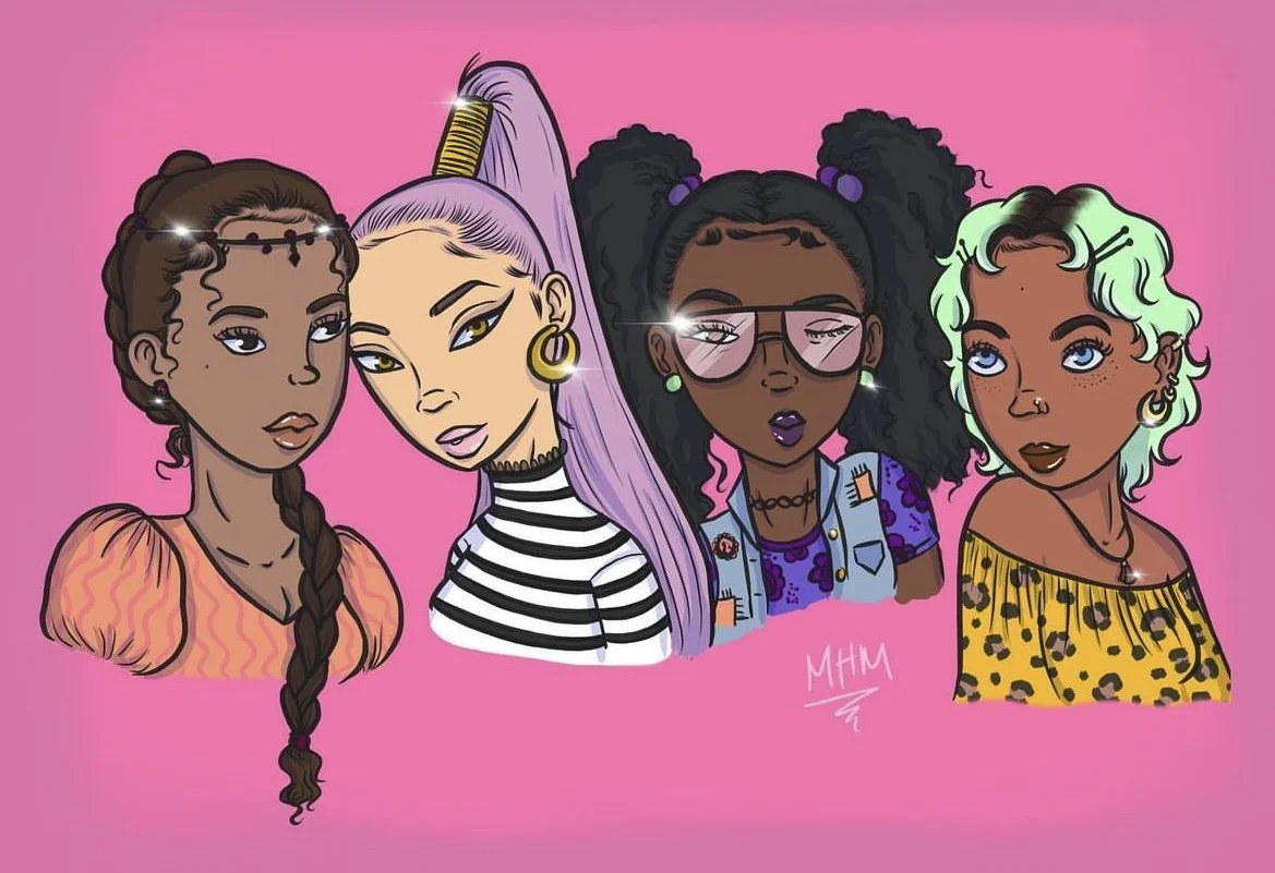 Illustration of four young women with diverse hairstyles and fashion, posing together against a pink background.