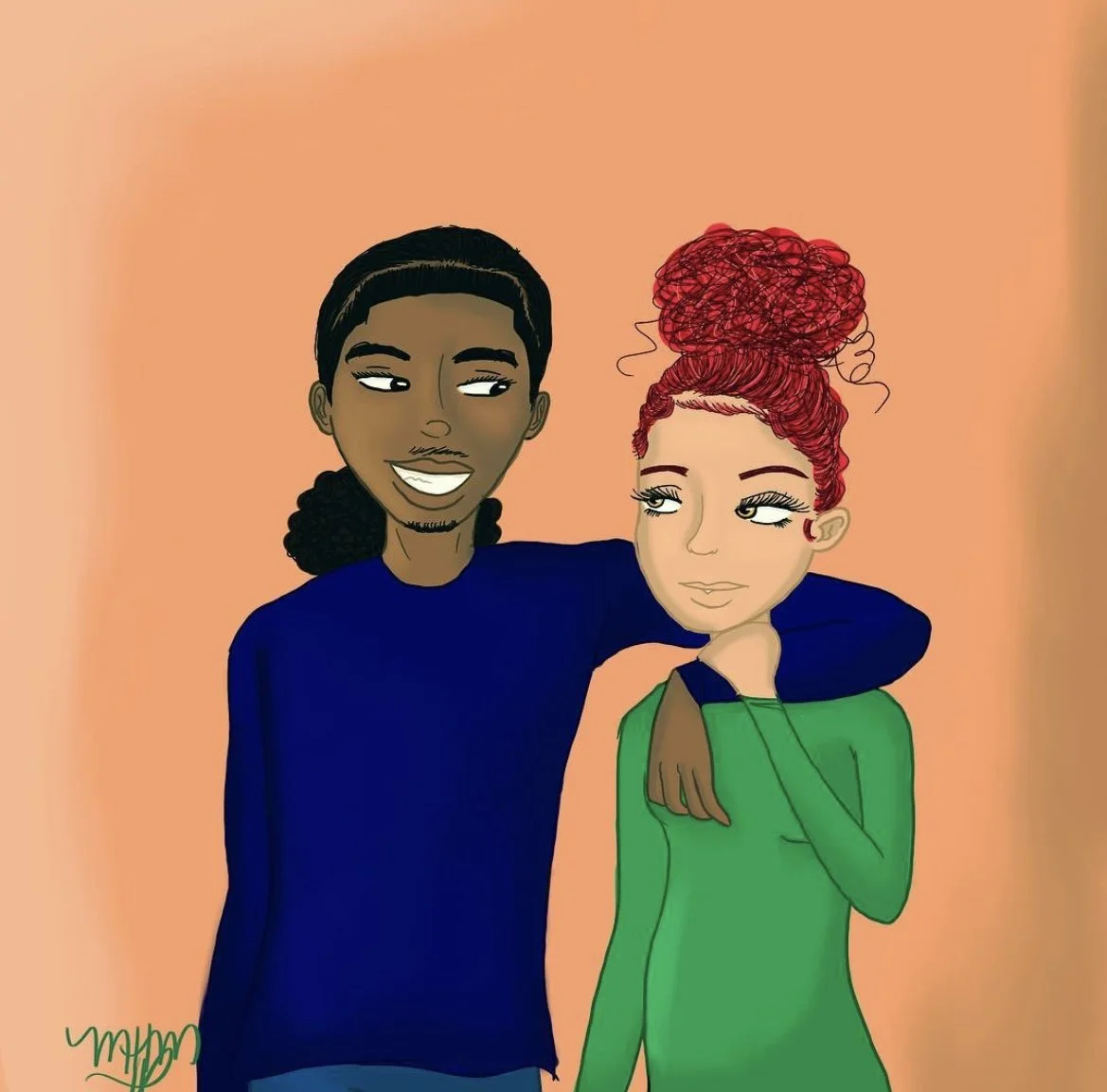 A digital illustration of a smiling man with dark hair and a woman with curly red hair, both looking at each other with the man's arm around her shoulder, against a peach background.