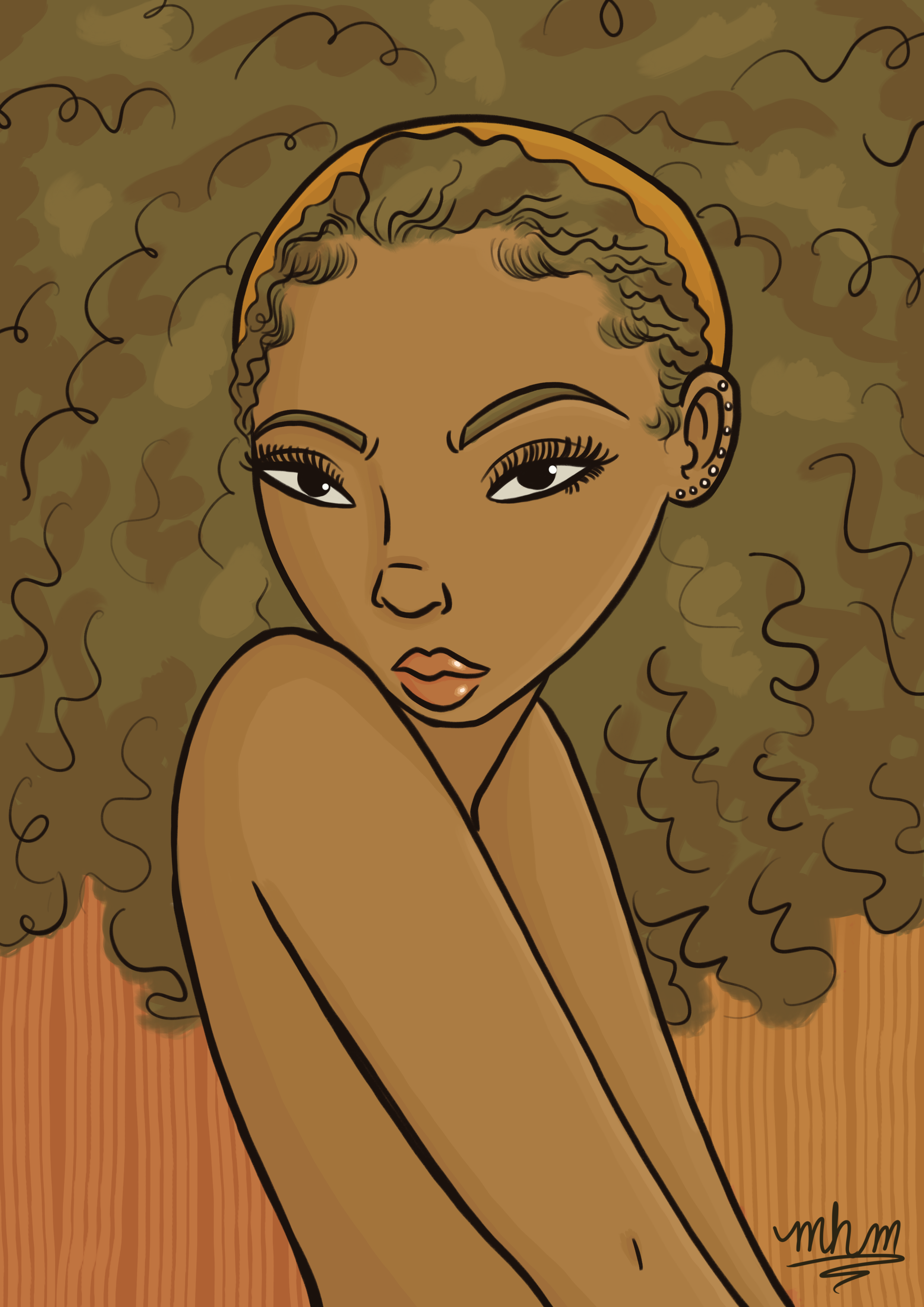 Digital illustration of a woman with long, curly hair and multiple earrings, looking over her shoulder with a serious expression.