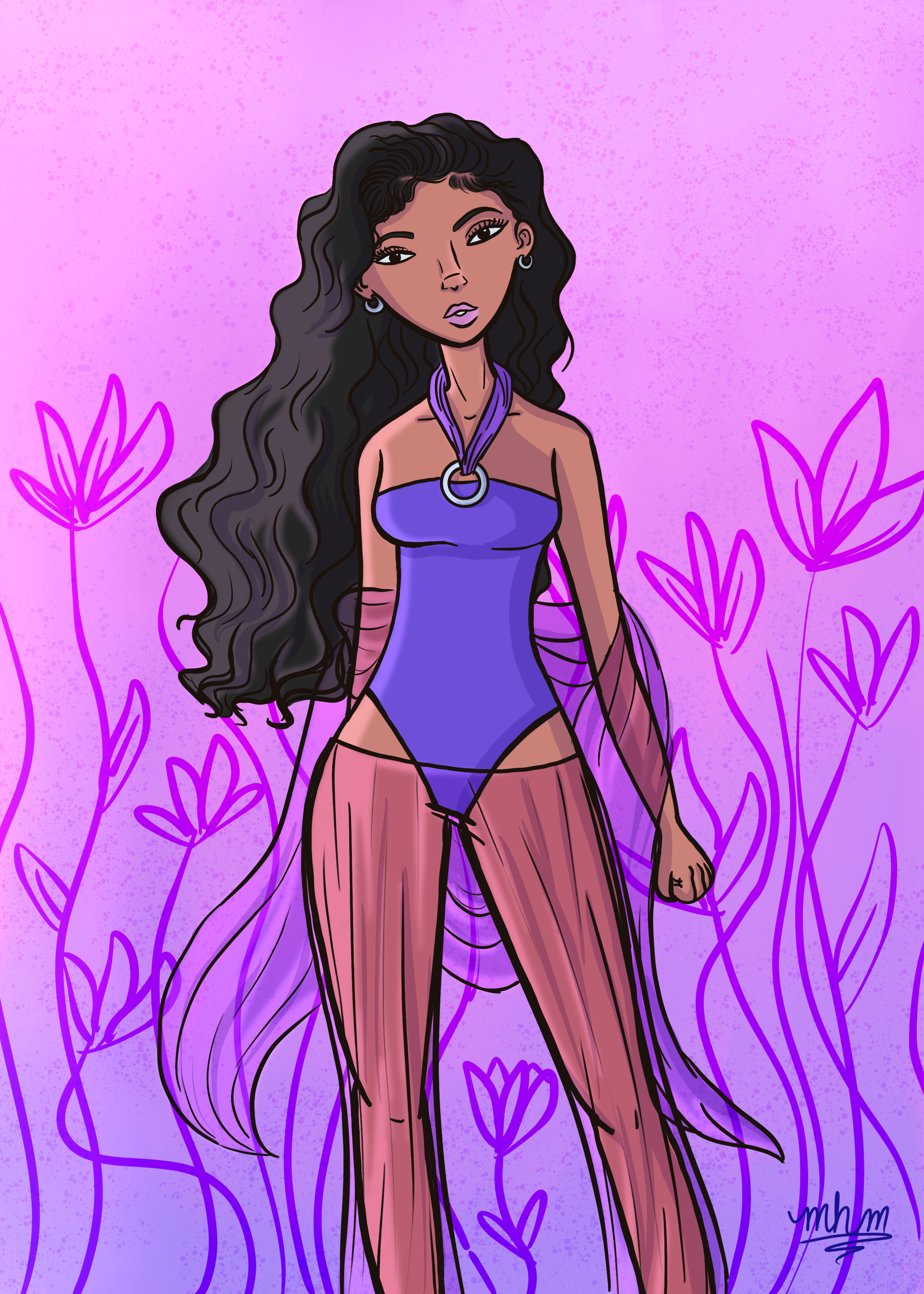 Digital illustration of a woman with long wavy black hair, wearing a purple strapless bodysuit, sheer pink cover-up, and jewelry, standing against a purple background with flower outlines.