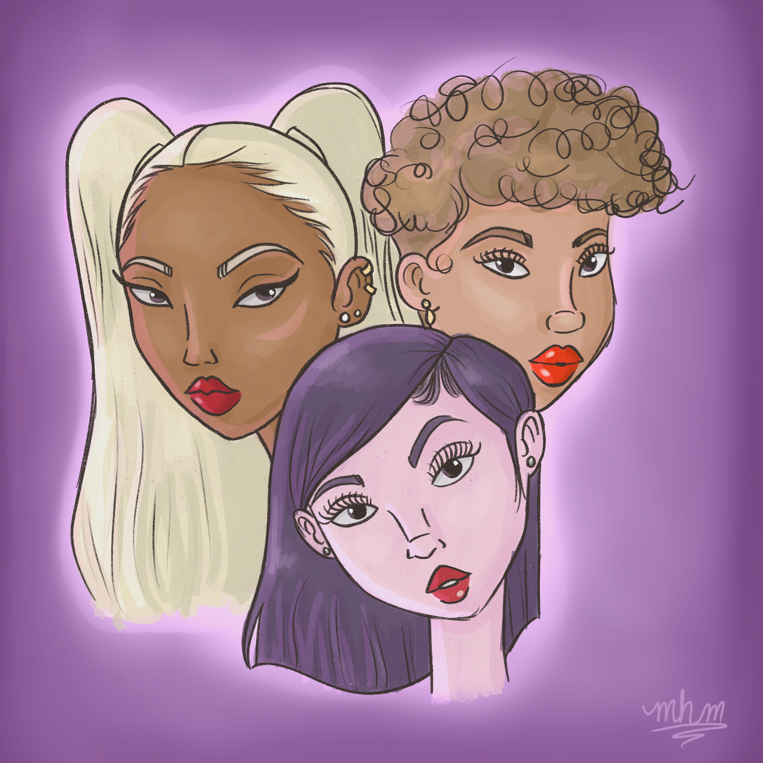 Digital illustration of three diverse women with different hairstyles and makeup on a purple background.