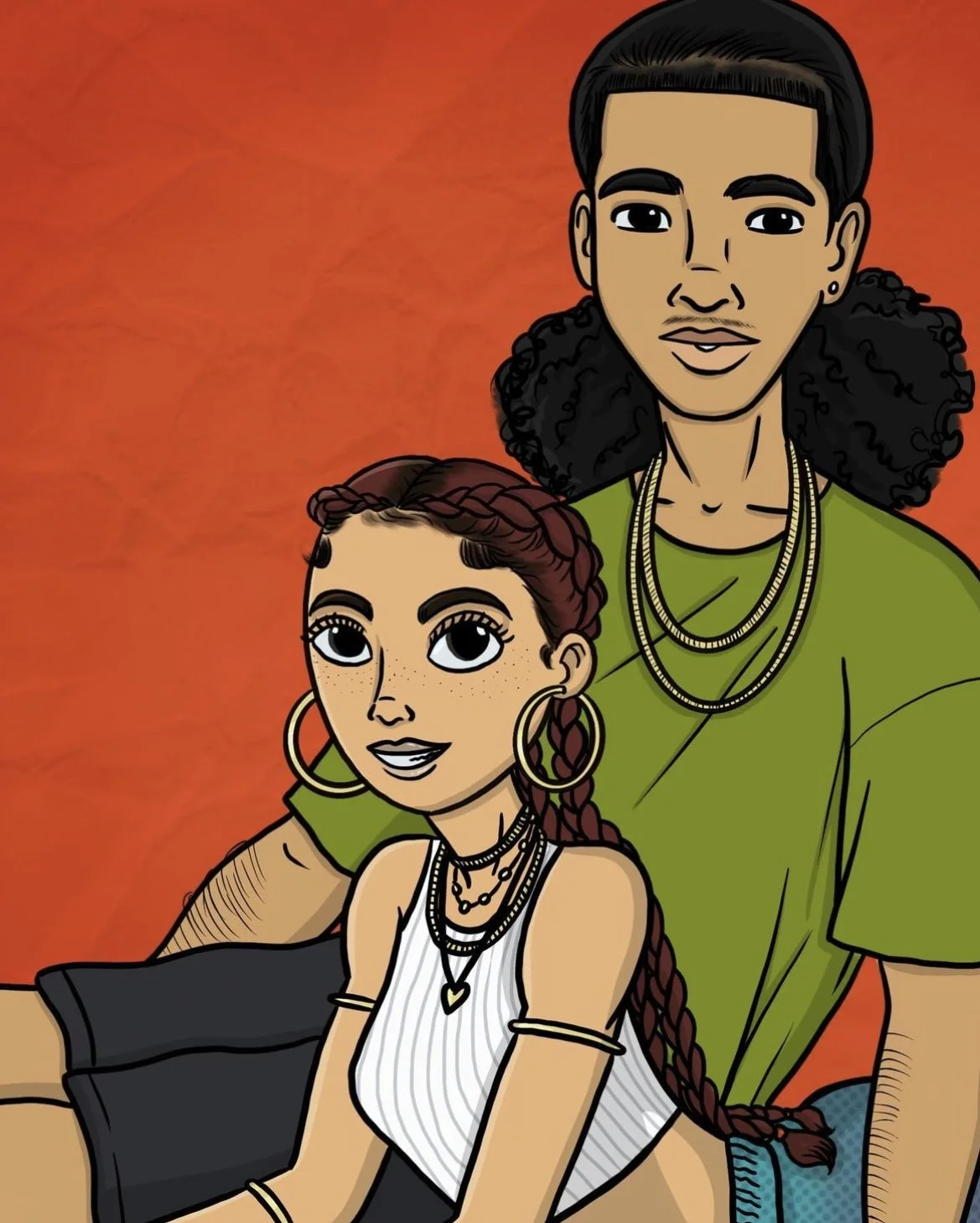 Cartoon illustration of two young people, a girl and a boy, sitting together against an orange background. The girl has long braided hair, large hoop earrings, and layered necklaces, wearing a sleeveless top. The boy has short black hair with a large