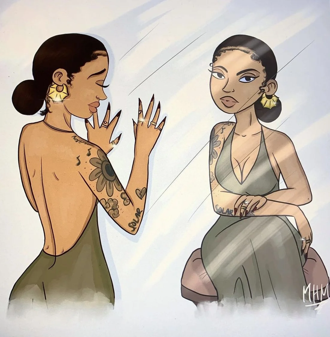 Digital illustration of two women with tattoos looking at their reflections in a mirror. One is touching the mirror with her hands and the other is sitting, both with dark hair, earrings, and tattoos.