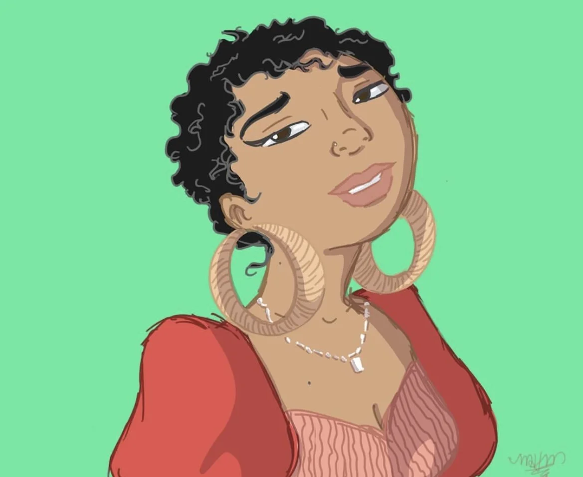 Digital illustration of a woman with dark, curly hair, large hoop earrings, and a red top, against a green background.
